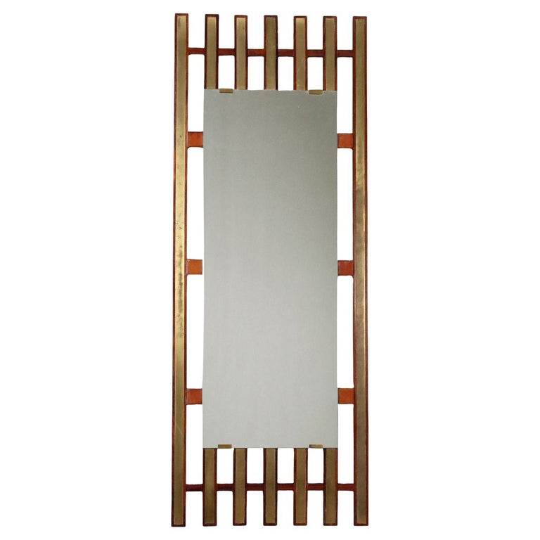 Vintage Wall Mirror Italy 1960s Teak Wood Brass Frame For Sale at 1stDibs