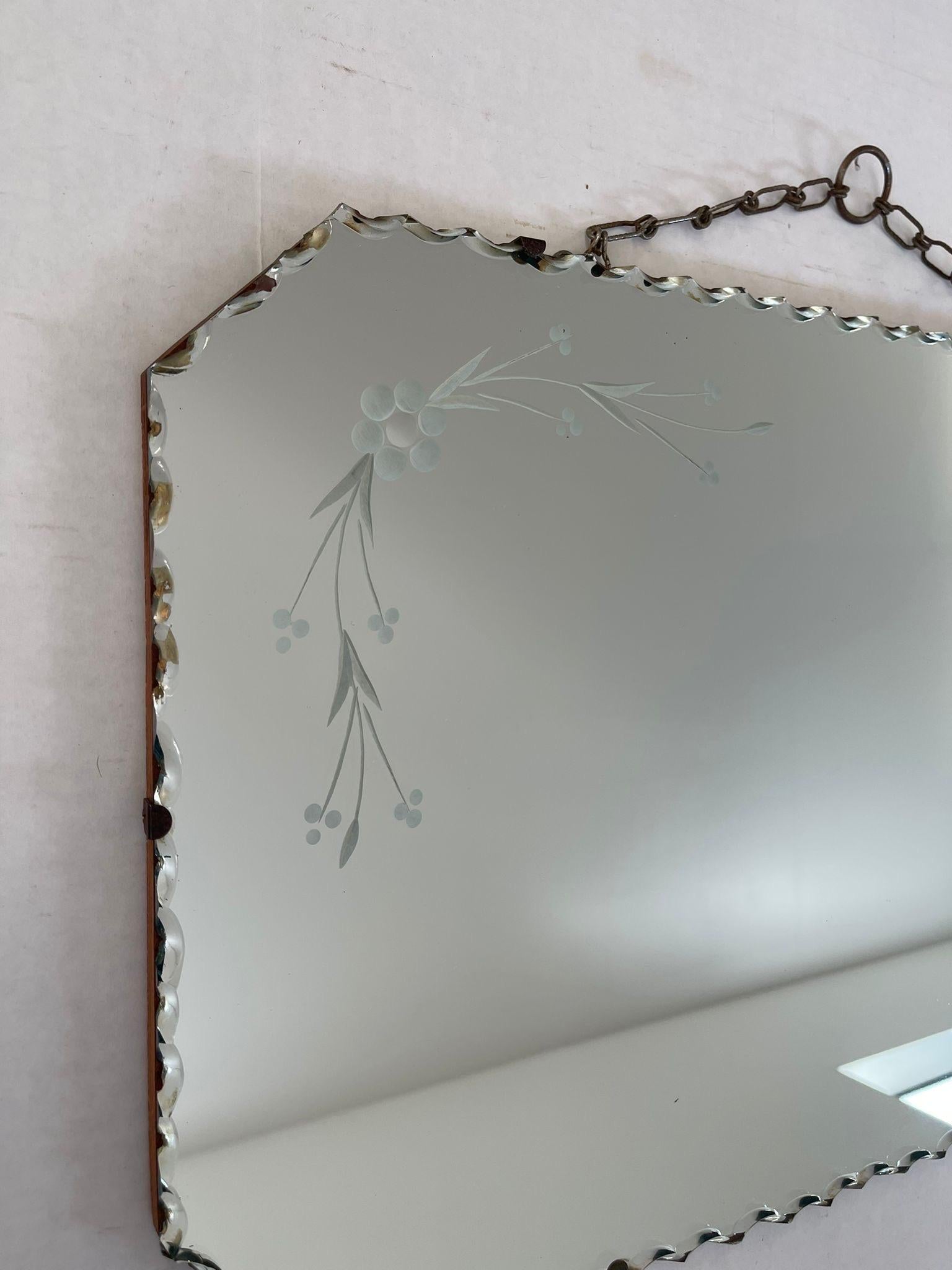 Mid-Century Modern Vintage Wall Mirror With Floral Etching and Scallop Beveled Edges.