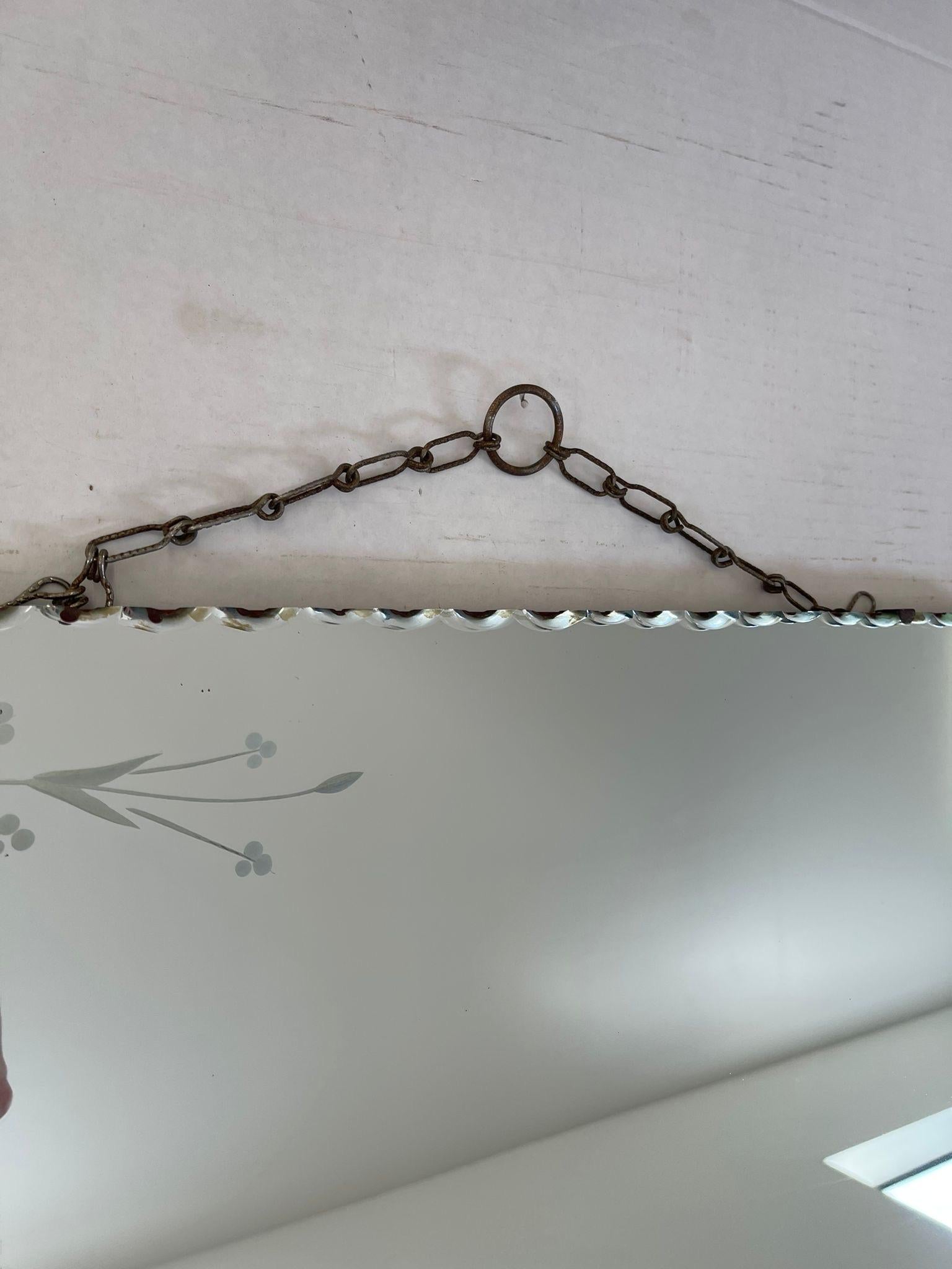 Mid-20th Century Vintage Wall Mirror With Floral Etching and Scallop Beveled Edges.