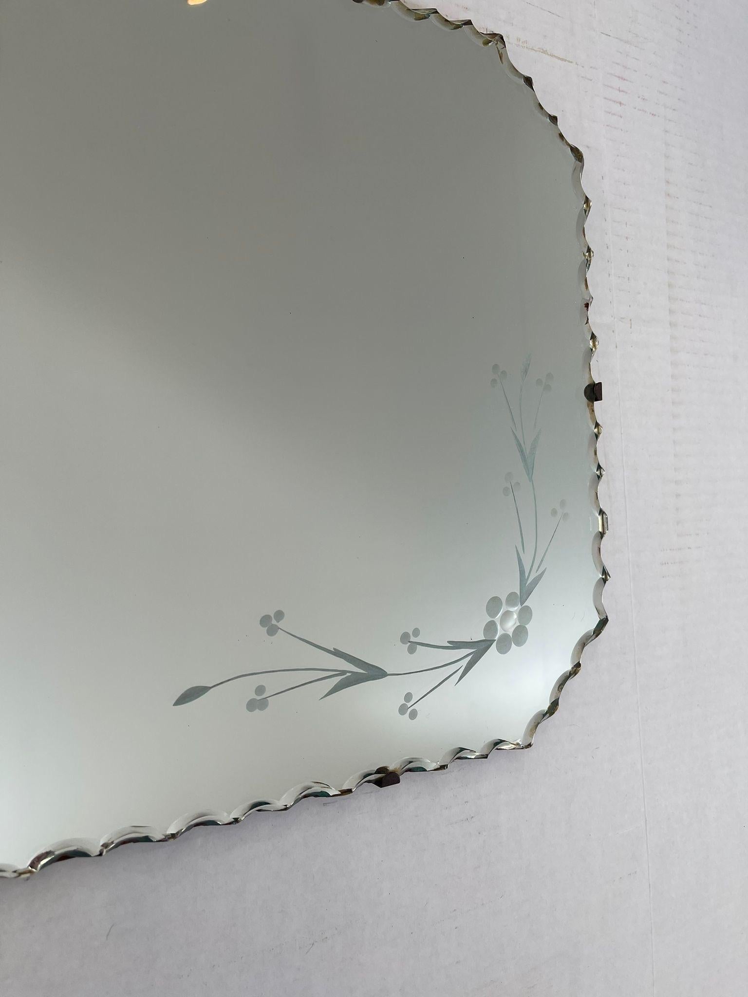 Glass Vintage Wall Mirror With Floral Etching and Scallop Beveled Edges.