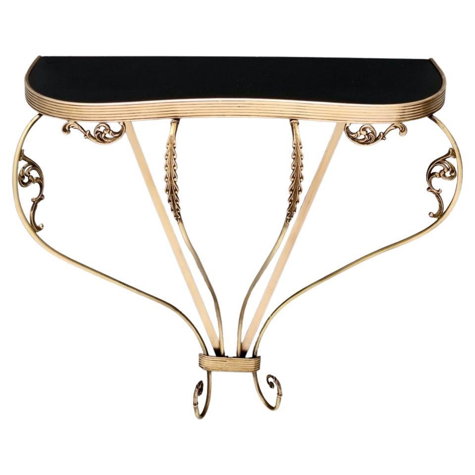 Vintage Wall Mounted Brass Console Table with Demilune Black Glass Top, Italy
