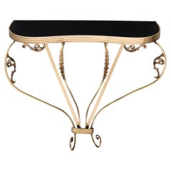 Vintage Wall Mounted Brass Console Table with Demilune Black Glass Top, Italy