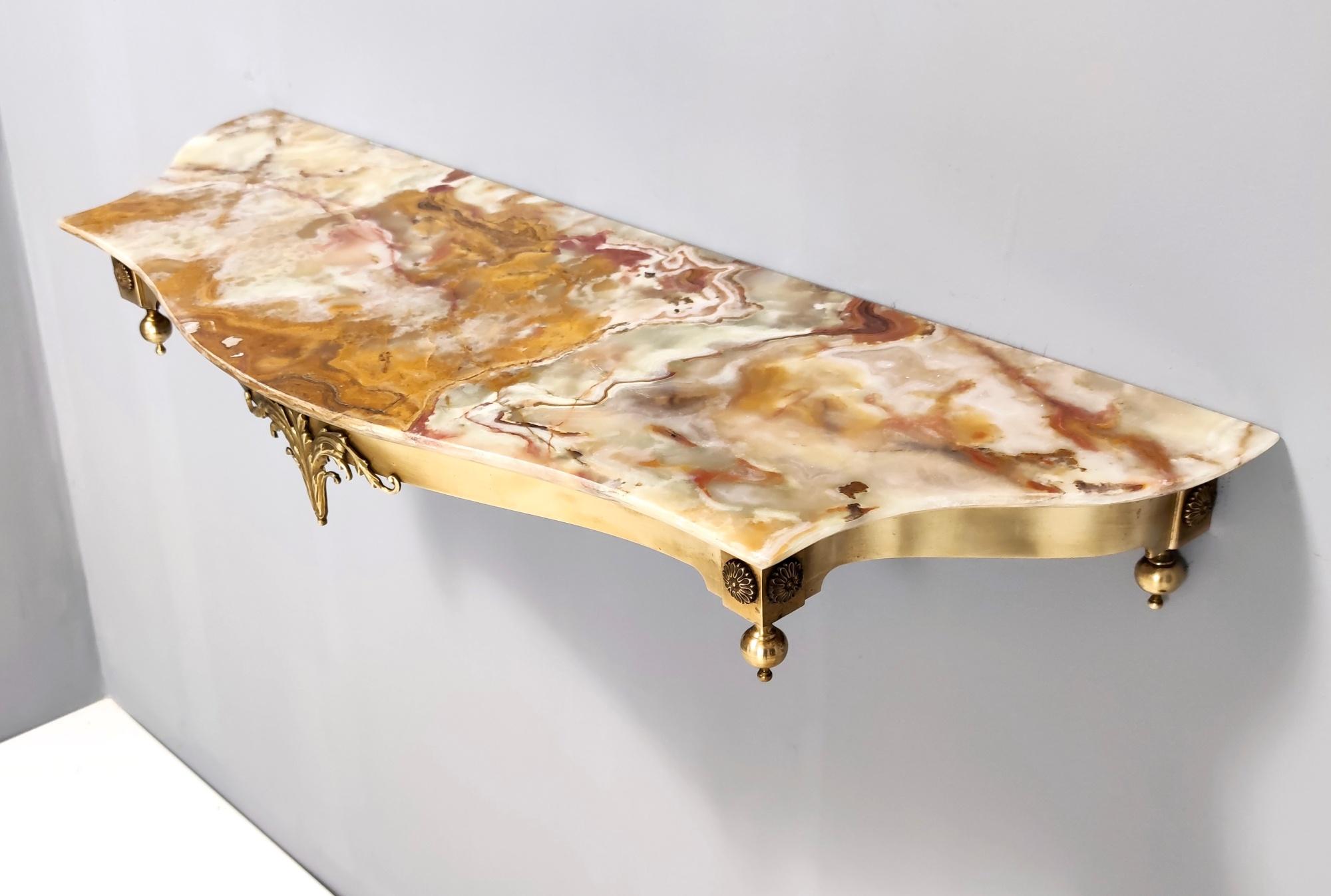 Mid-Century Modern Vintage Wall-Mounted Brass Console Table with Yellow Onyx Top, Italy For Sale