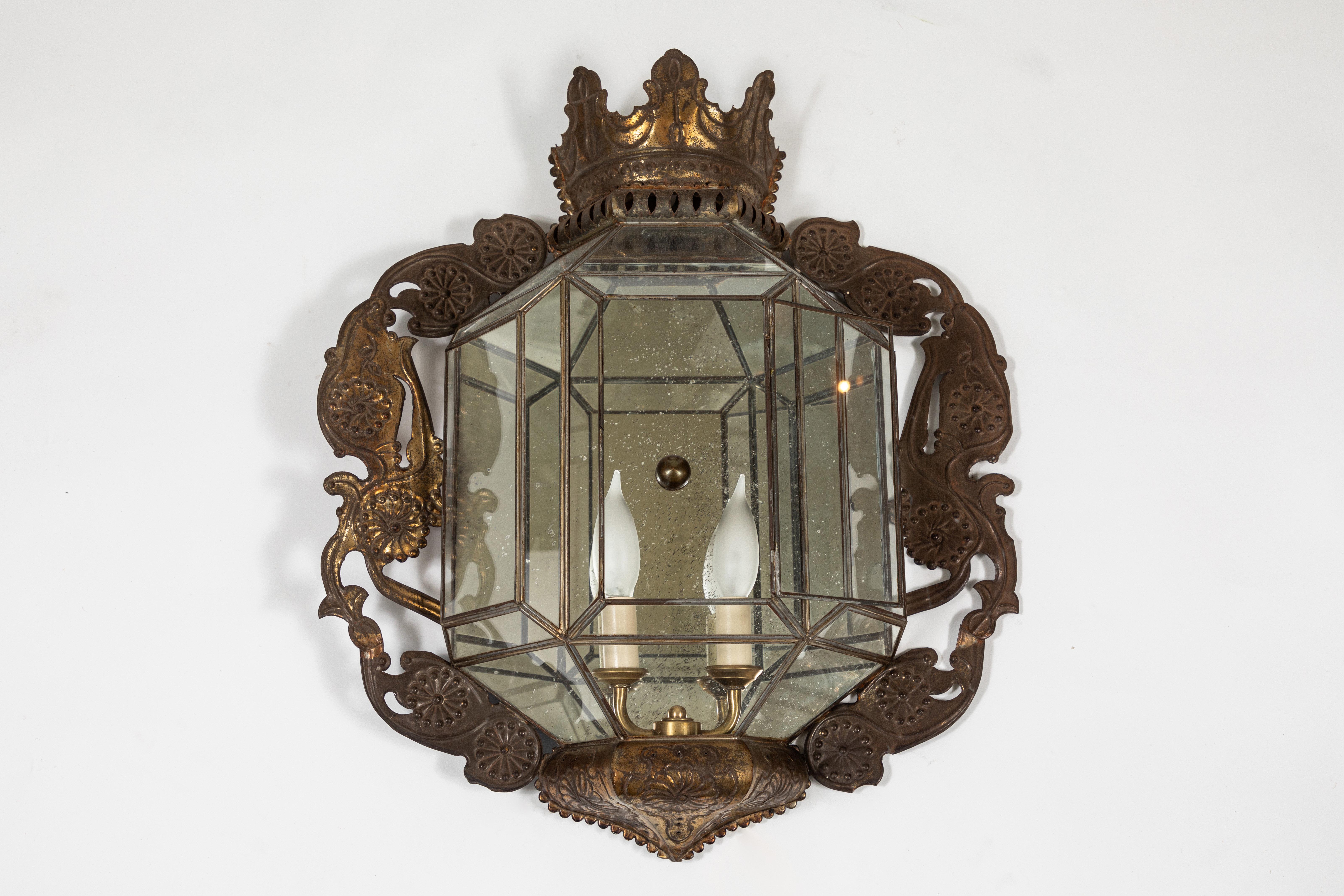 Tin Vintage Wall-Mounted Fixture with Leaded Glass Panels