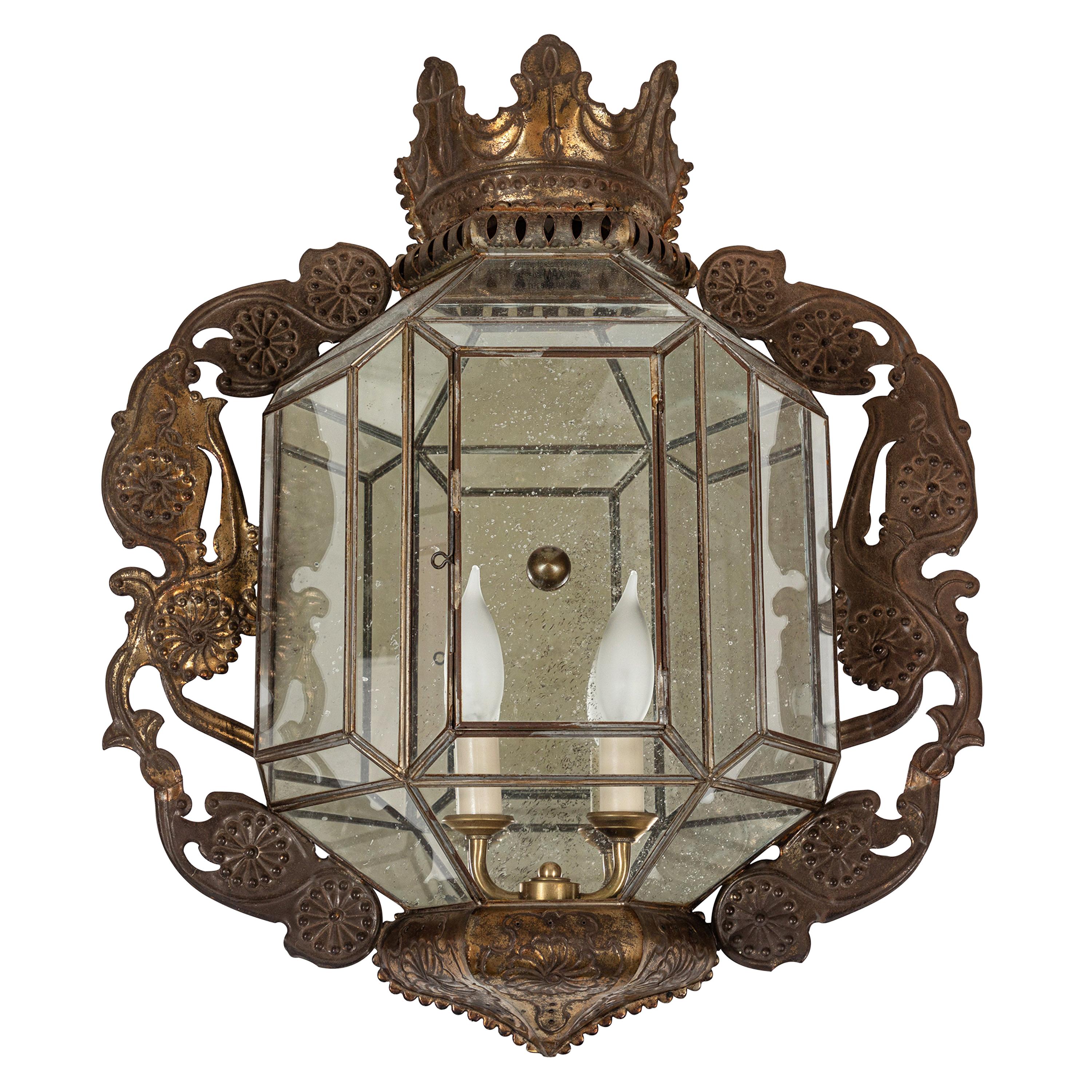 Vintage Wall-Mounted Fixture with Leaded Glass Panels