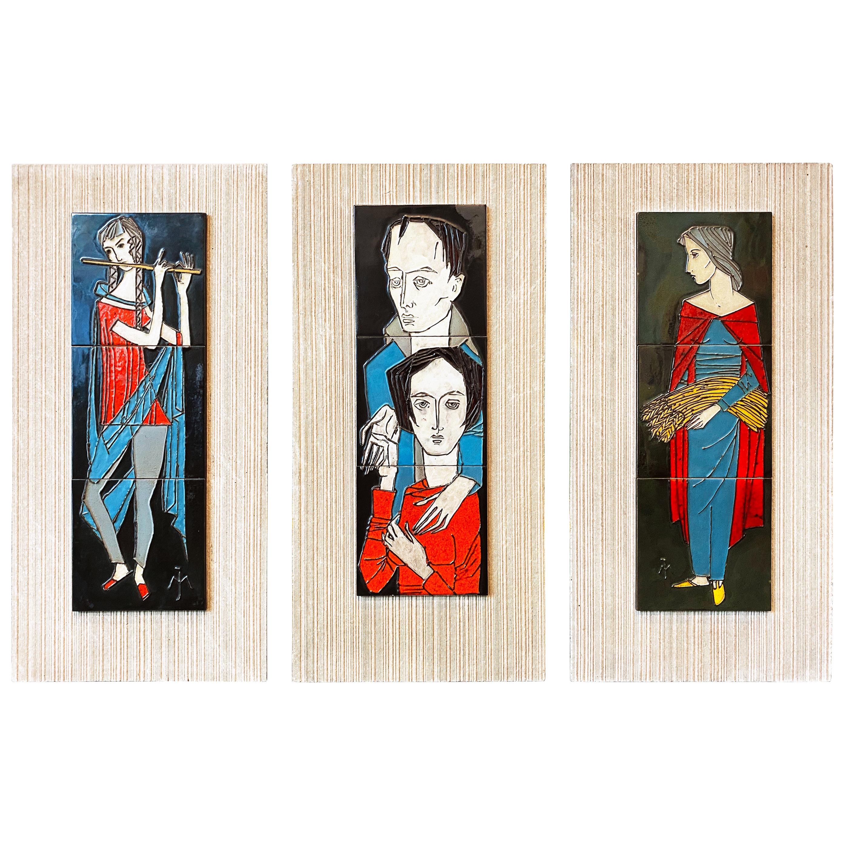 Vintage WallMounted Glazed Tiles Woman/Man Sculpture by Joost Marechal