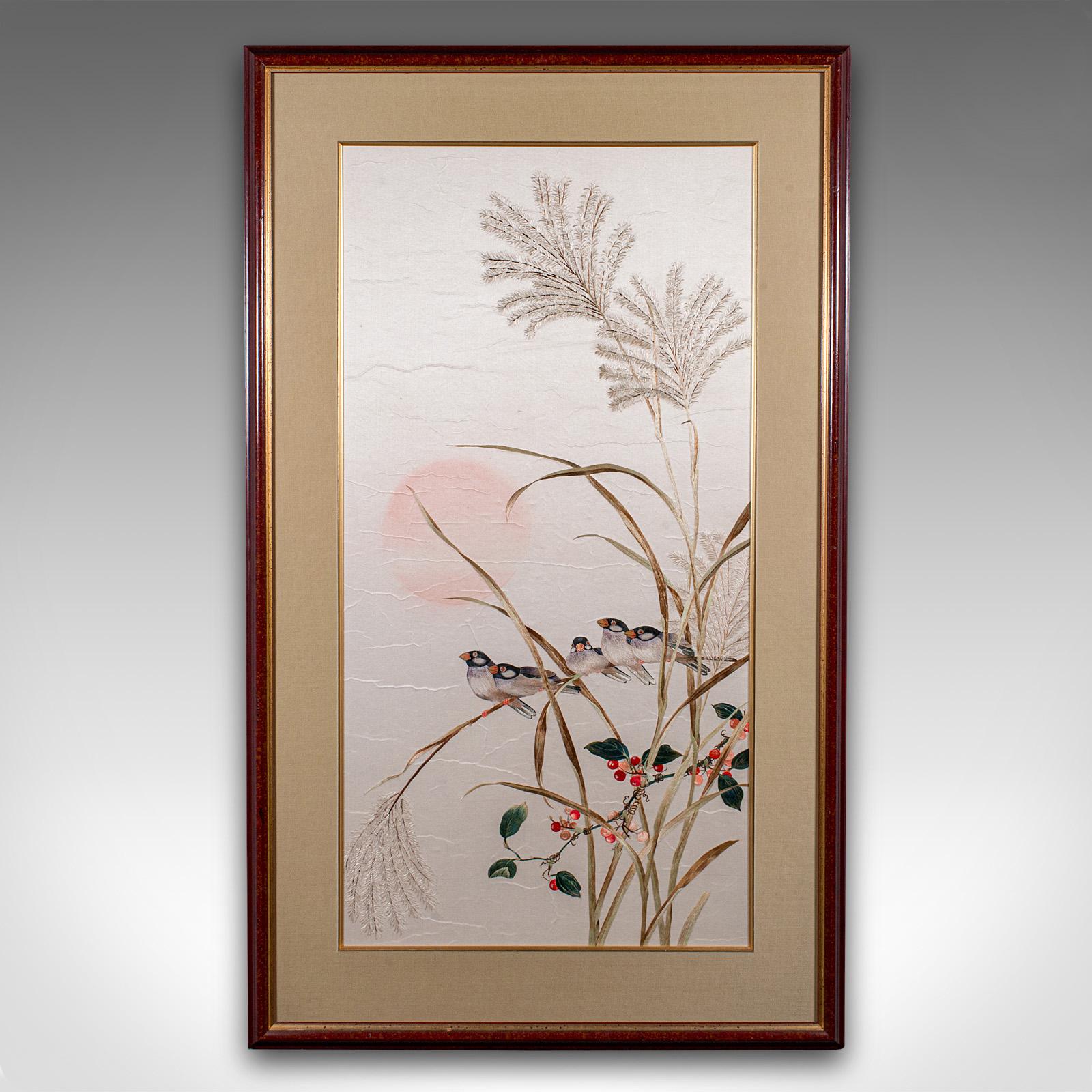 
This is a tall vintage wall panel. A Chinese, silk cotton embroidery display, dating to the Art Deco period, circa 1930.

Charming Oriental taste with appealing blush colours
Displaying a desirable aged patina and in good order
Set within a quality