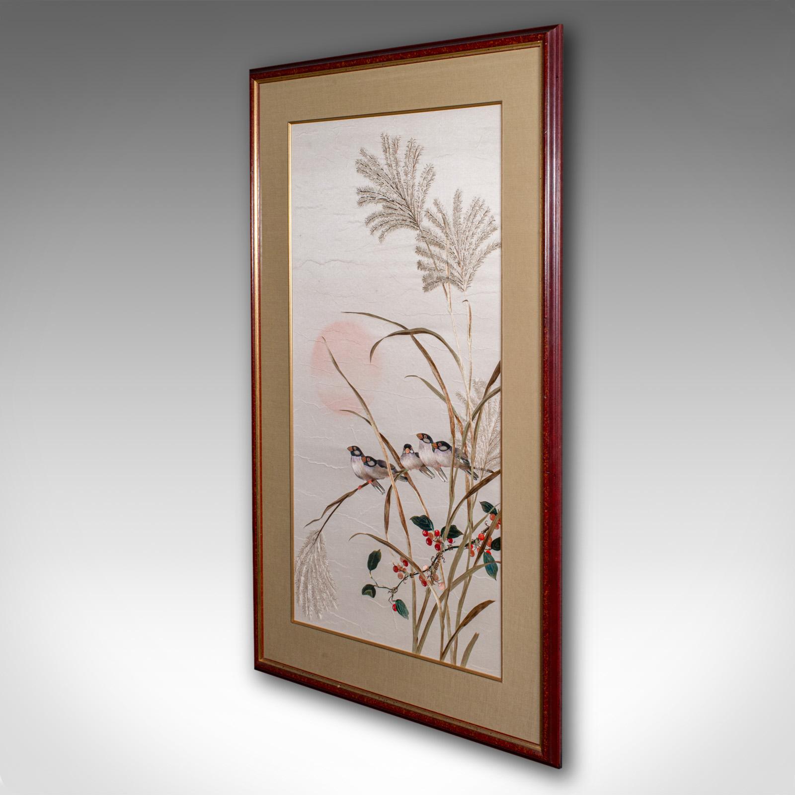 Vintage Wall Panel, Chinese, Silk Cotton, Embroidery, Display, Finch, Art Deco In Good Condition For Sale In Hele, Devon, GB