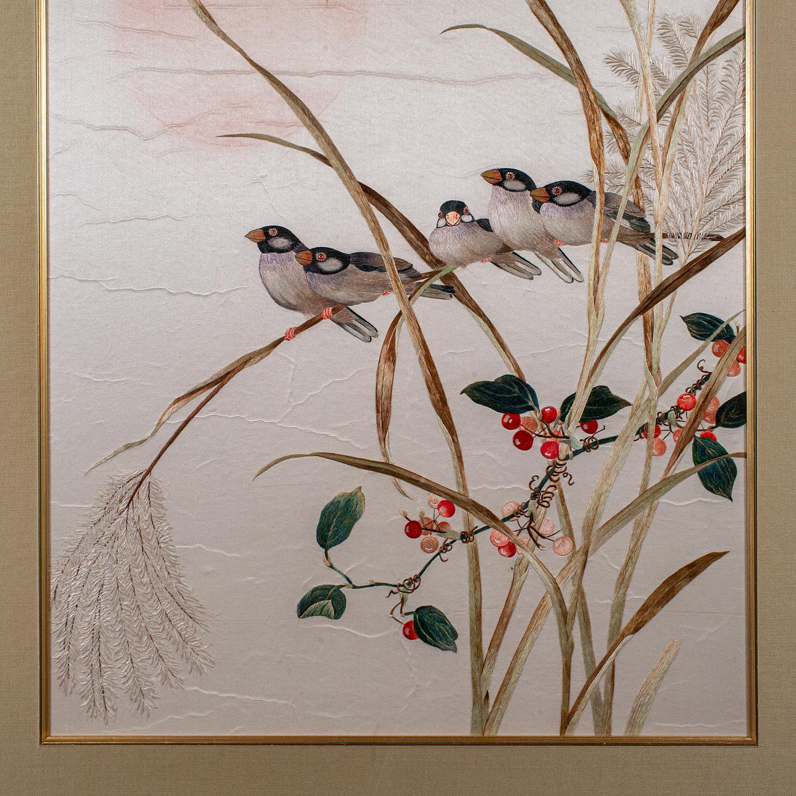 20th Century Vintage Wall Panel, Chinese, Silk Cotton, Embroidery, Display, Finch, Art Deco For Sale