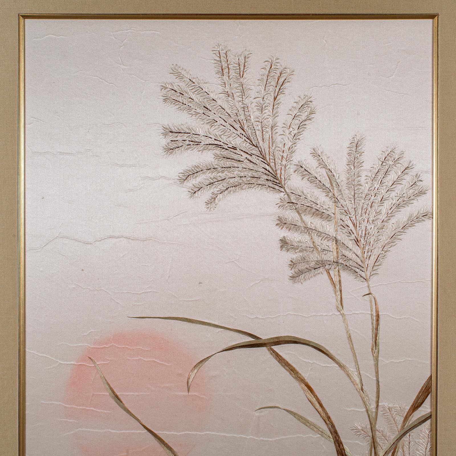 Vintage Wall Panel, Chinese, Silk Cotton, Embroidery, Display, Finch, Art Deco For Sale 1