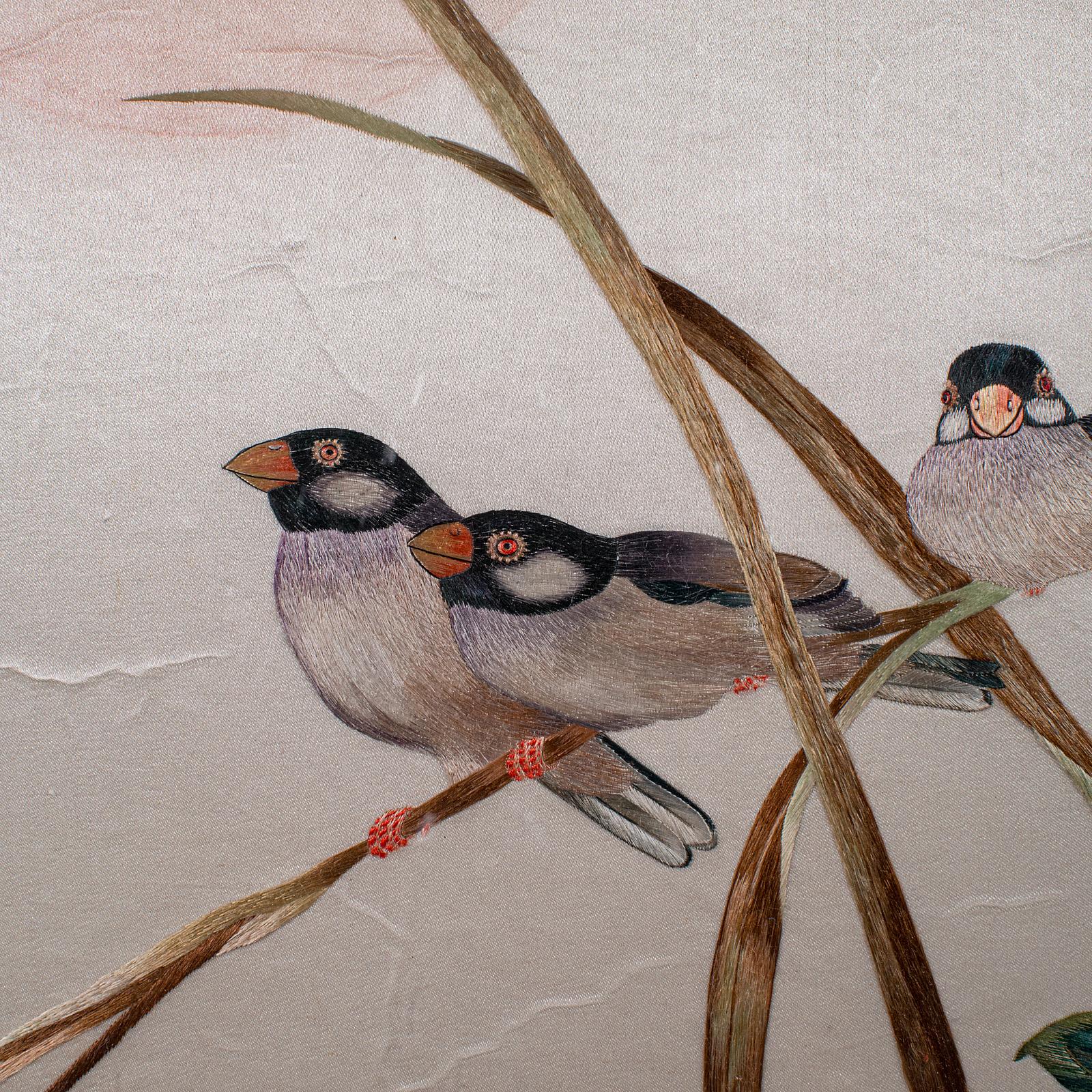 Vintage Wall Panel, Chinese, Silk Cotton, Embroidery, Display, Finch, Art Deco For Sale 2