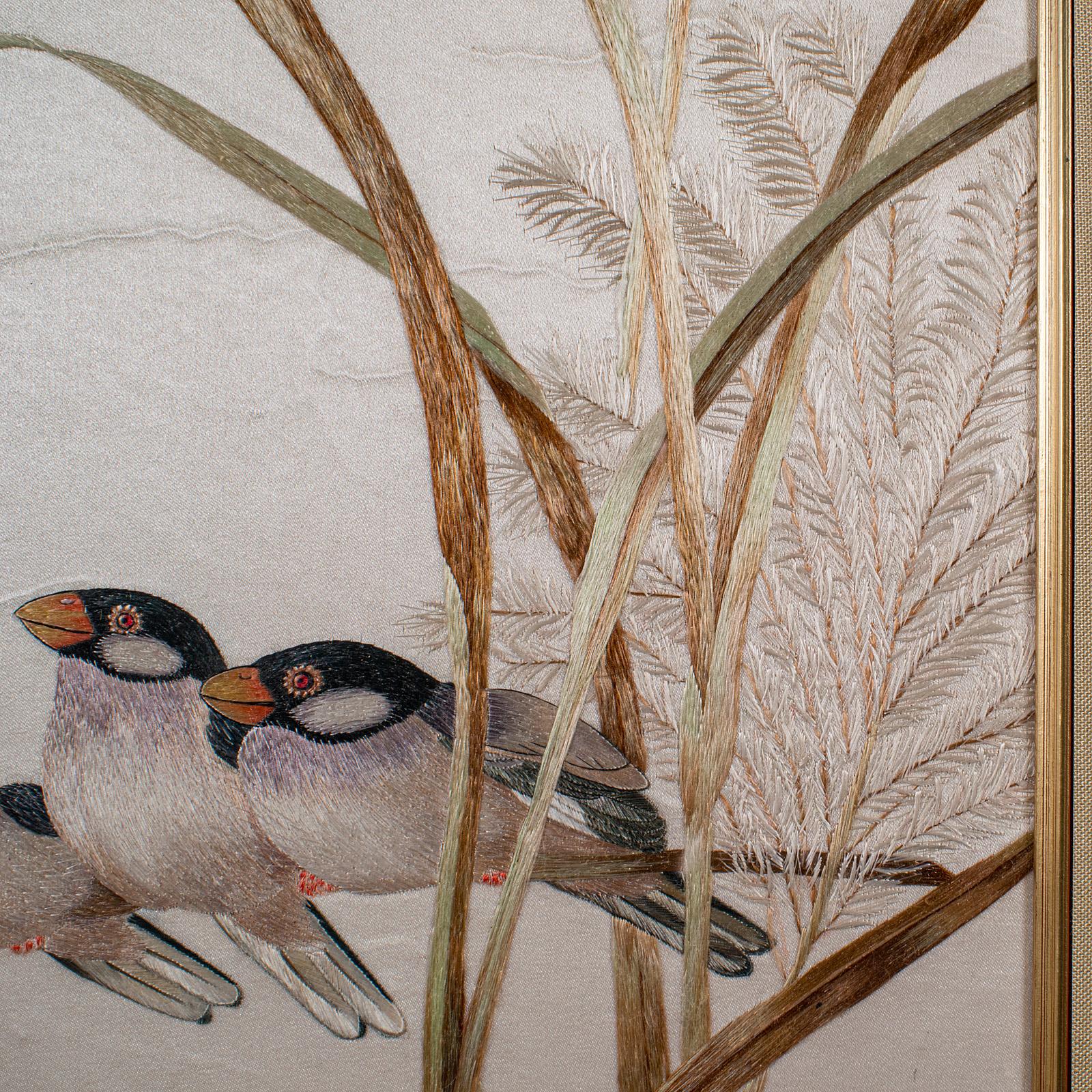 Vintage Wall Panel, Chinese, Silk Cotton, Embroidery, Display, Finch, Art Deco For Sale 3