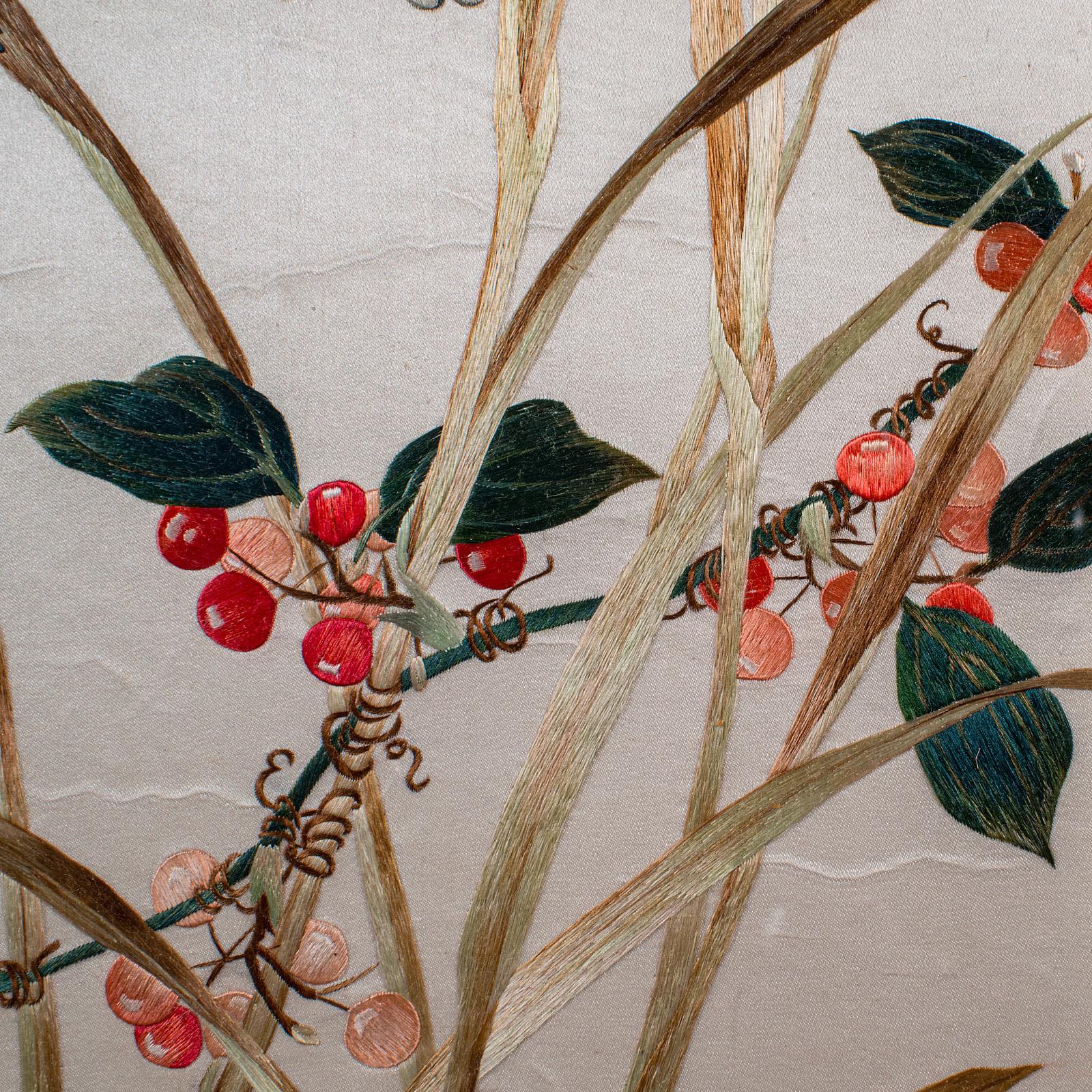 Vintage Wall Panel, Chinese, Silk Cotton, Embroidery, Display, Finch, Art Deco For Sale 4