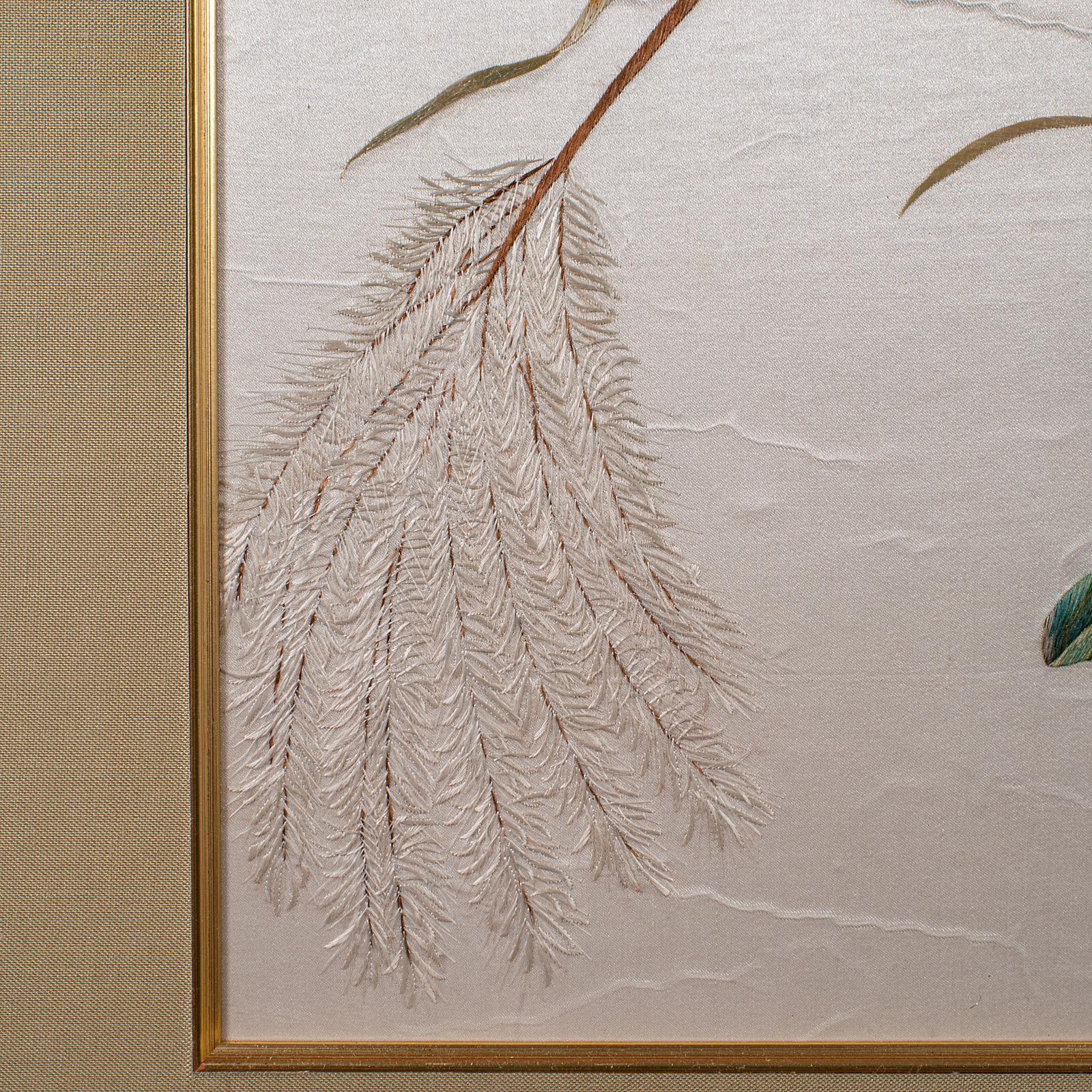 Vintage Wall Panel, Chinese, Silk Cotton, Embroidery, Display, Finch, Art Deco For Sale 5