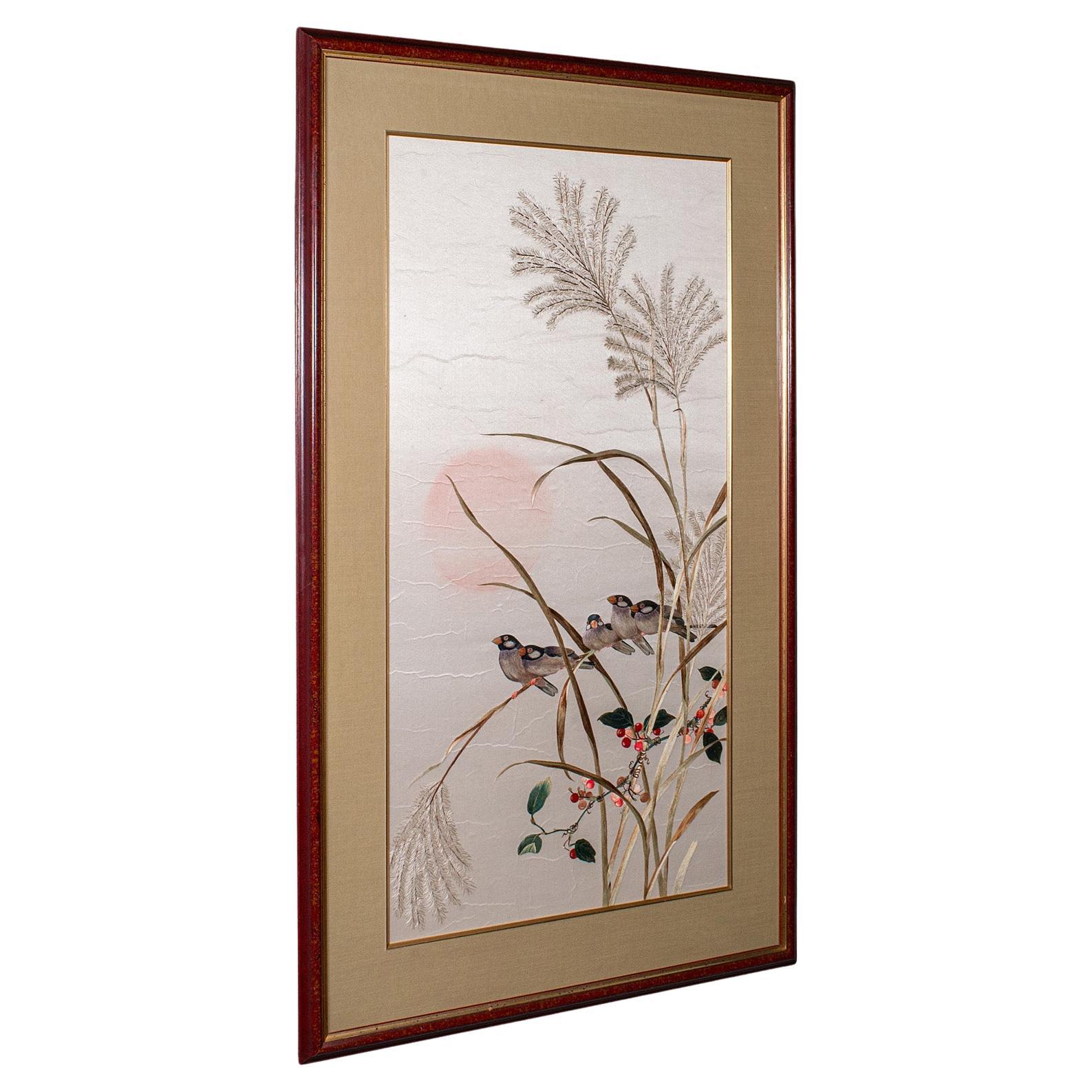 Pannello da parete vintage, cinese, seta, cotone, ricamo, espositore, Finch, Art&Deco
