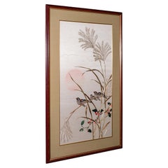 Vintage Wall Panel, Chinese, Silk Cotton, Embroidery, Display, Finch, Art Deco