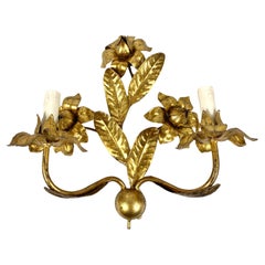 Vintage Wall Sconce in Gilt Metal Italian Florentine Lighting With Iron Leaves