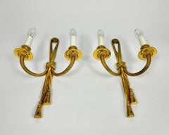 Vintage Wall Sconces Gilt Bronze Tassels & Torch Twin Branch Wall Lamps, Set 2