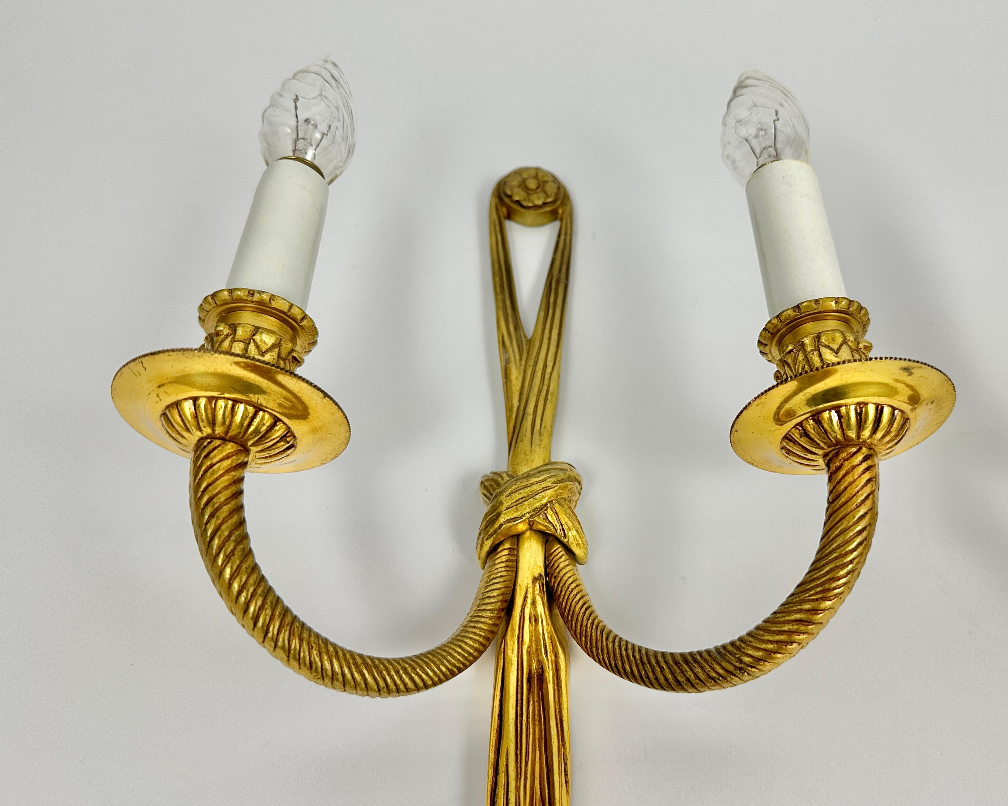 Empire Vintage Wall Sconces Gilt Bronze Tassels & Torch Twin Branch Wall Lamps, Set 2