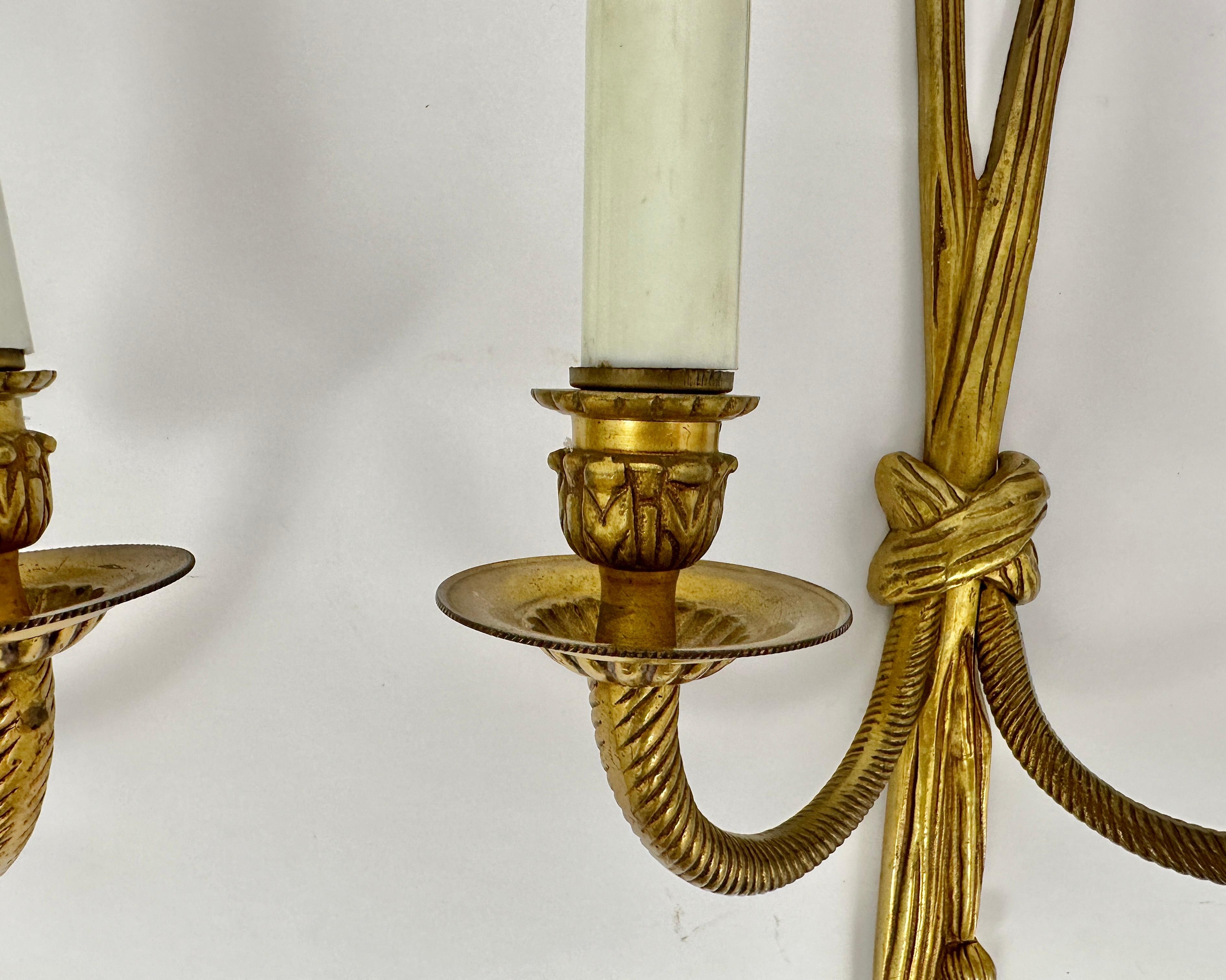 20th Century Vintage Wall Sconces Gilt Bronze Tassels & Torch Twin Branch Wall Lamps, Set 2