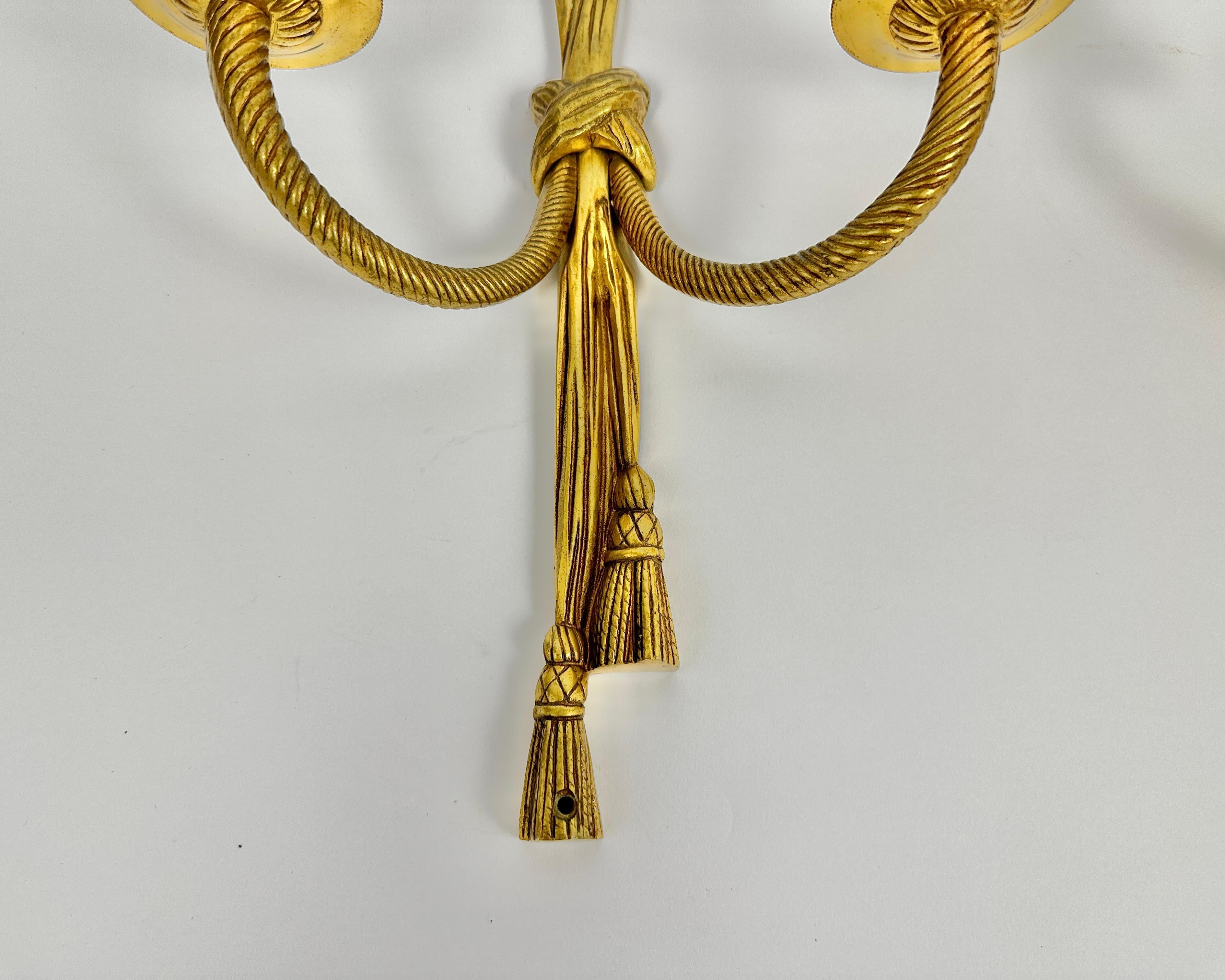 Vintage Wall Sconces Gilt Bronze Tassels & Torch Twin Branch Wall Lamps, Set 2 1