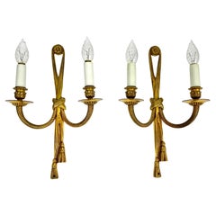 Vintage Wall Sconces Gilt Bronze Tassels & Torch Twin Branch Wall Lamps, Set 2