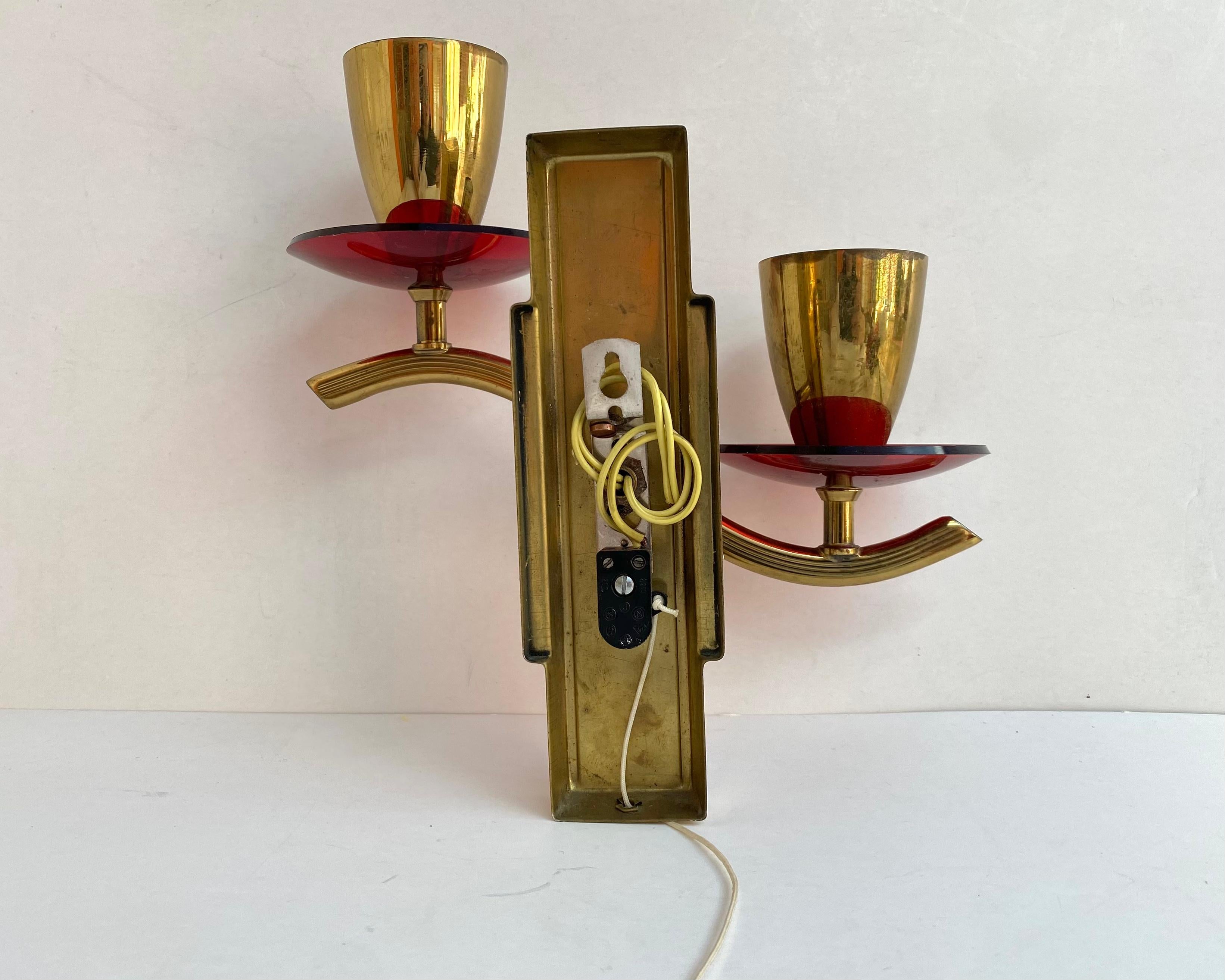 Late 20th Century Vintage Wall Sconces in Gilt Brass with Plexiglass Elements, Set 2, Germany For Sale