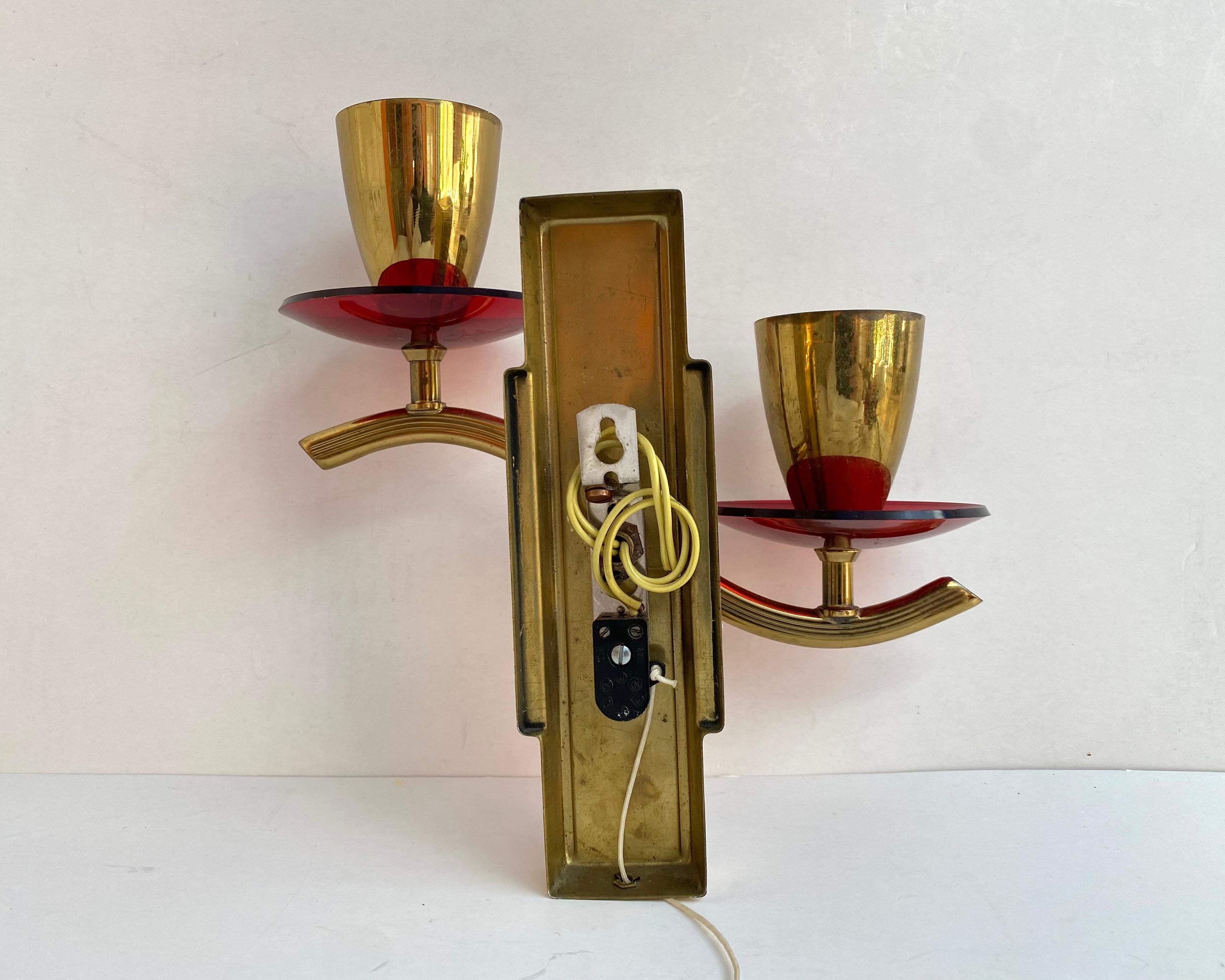 Vintage Wall Sconces in Gilt Brass with Plexiglass Elements, Set 2, Germany For Sale 1