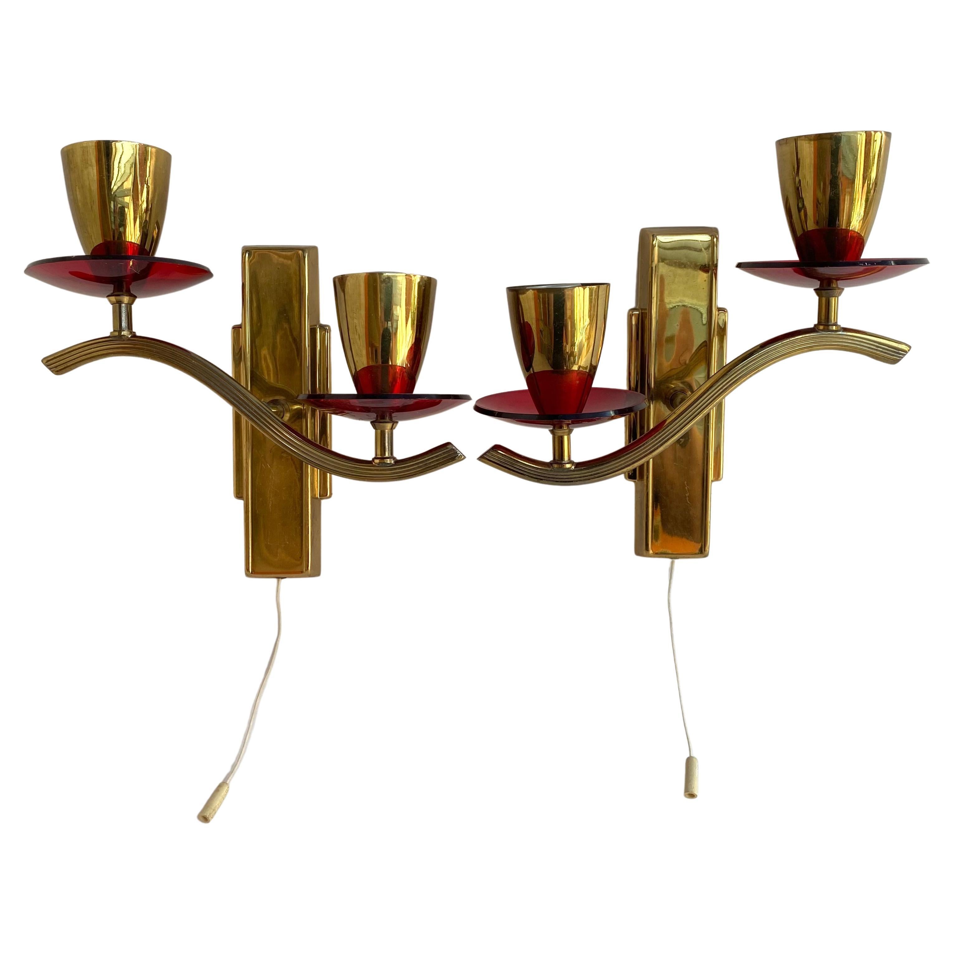 Vintage Wall Sconces in Gilt Brass with Plexiglass Elements, Set 2, Germany For Sale