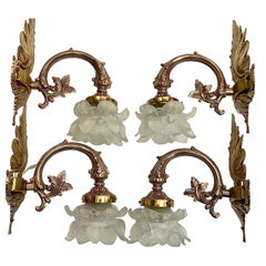Vintage Wall Sconces Louis XV Style Lighting Set 4 Brass & Glass Lamps