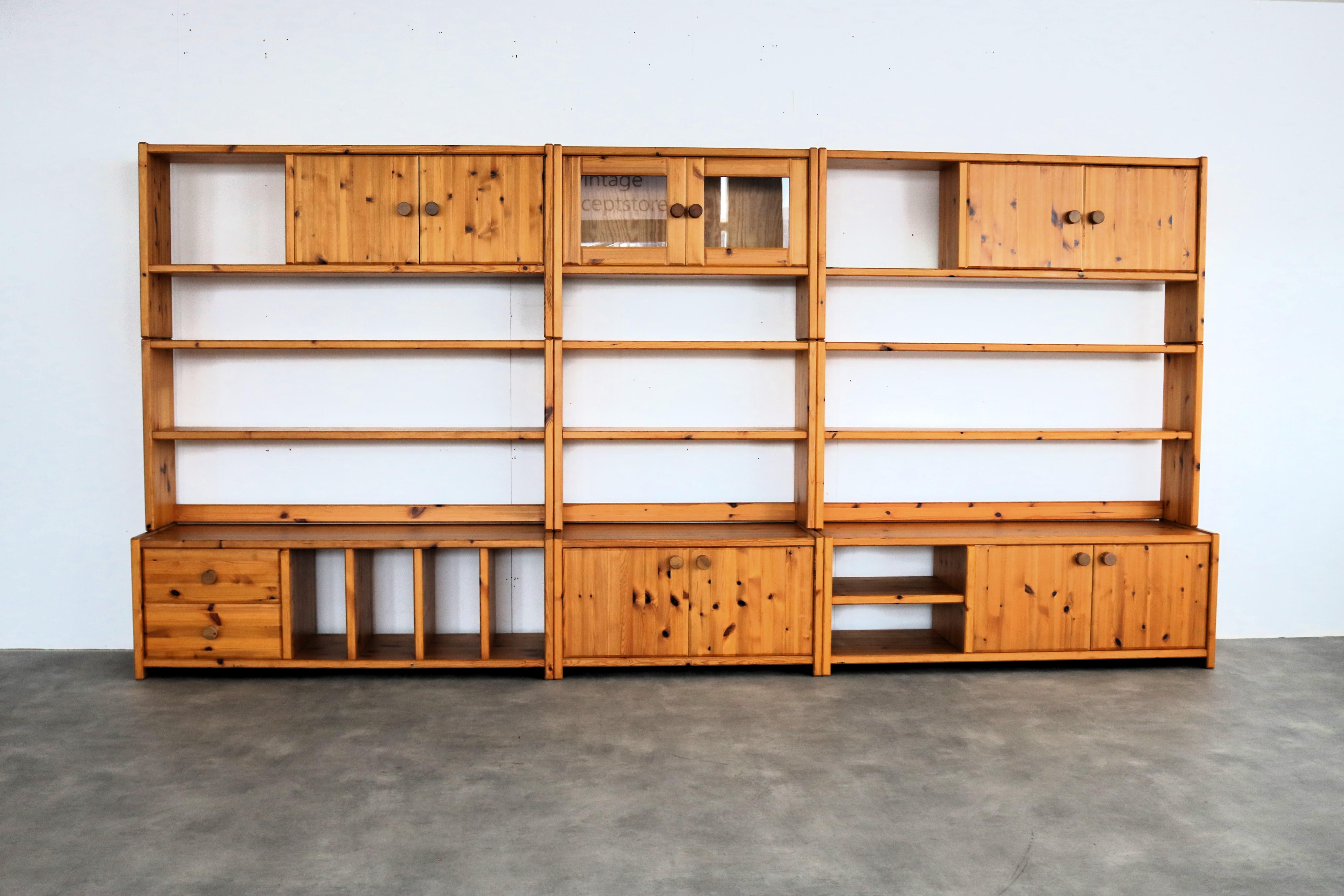 vintage wall unit  wall cabinets  Swedish  70's

Modular Swedish wall cabinets from the 1970s. Pine modules can be placed as one large whole or separately. 

period  60's
design  unknown  Sweden
condition  good  light signs of use
size  180 x 370 x