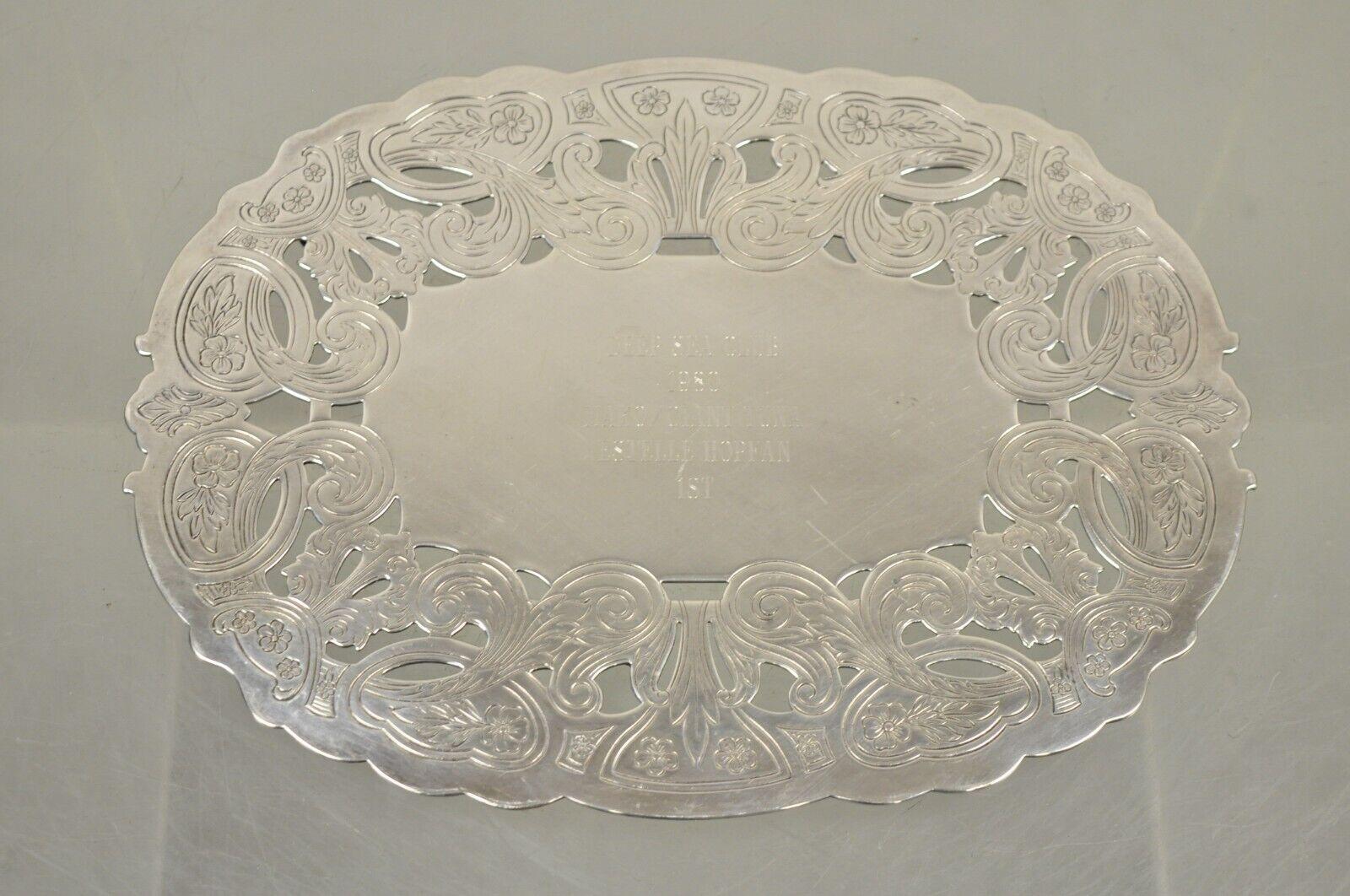 20th Century Vintage Wallace 731 Victorian Style Silver Plated Oval Trivet 1980 Award Platter For Sale