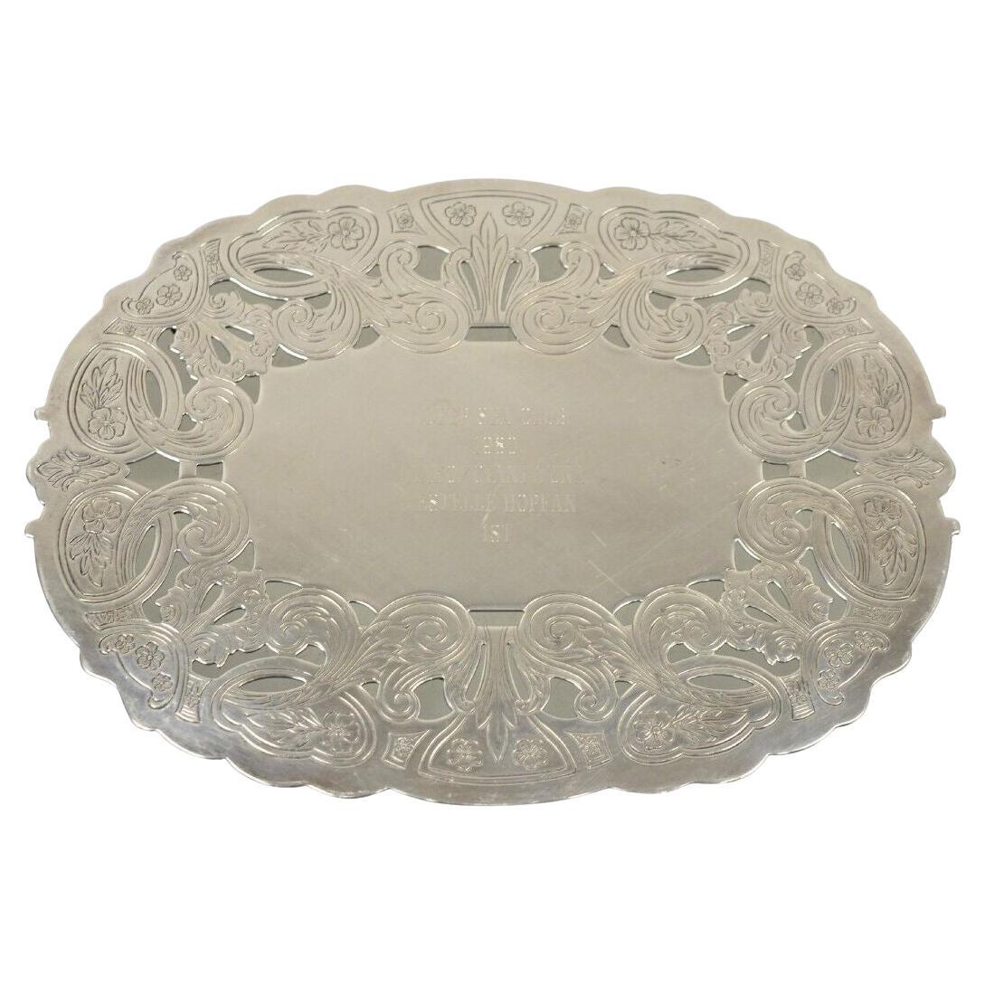 Vintage Wallace 731 Victorian Style Silver Plated Oval Trivet 1980 Award Platter For Sale