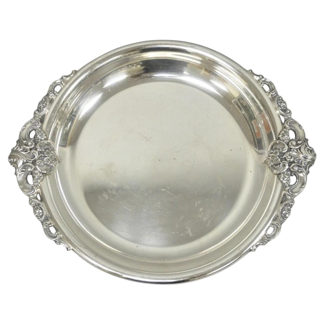 Vintage Wallace Baroque Silver Plated Round Twin Handle Serving Platter Bar Tray For Sale
