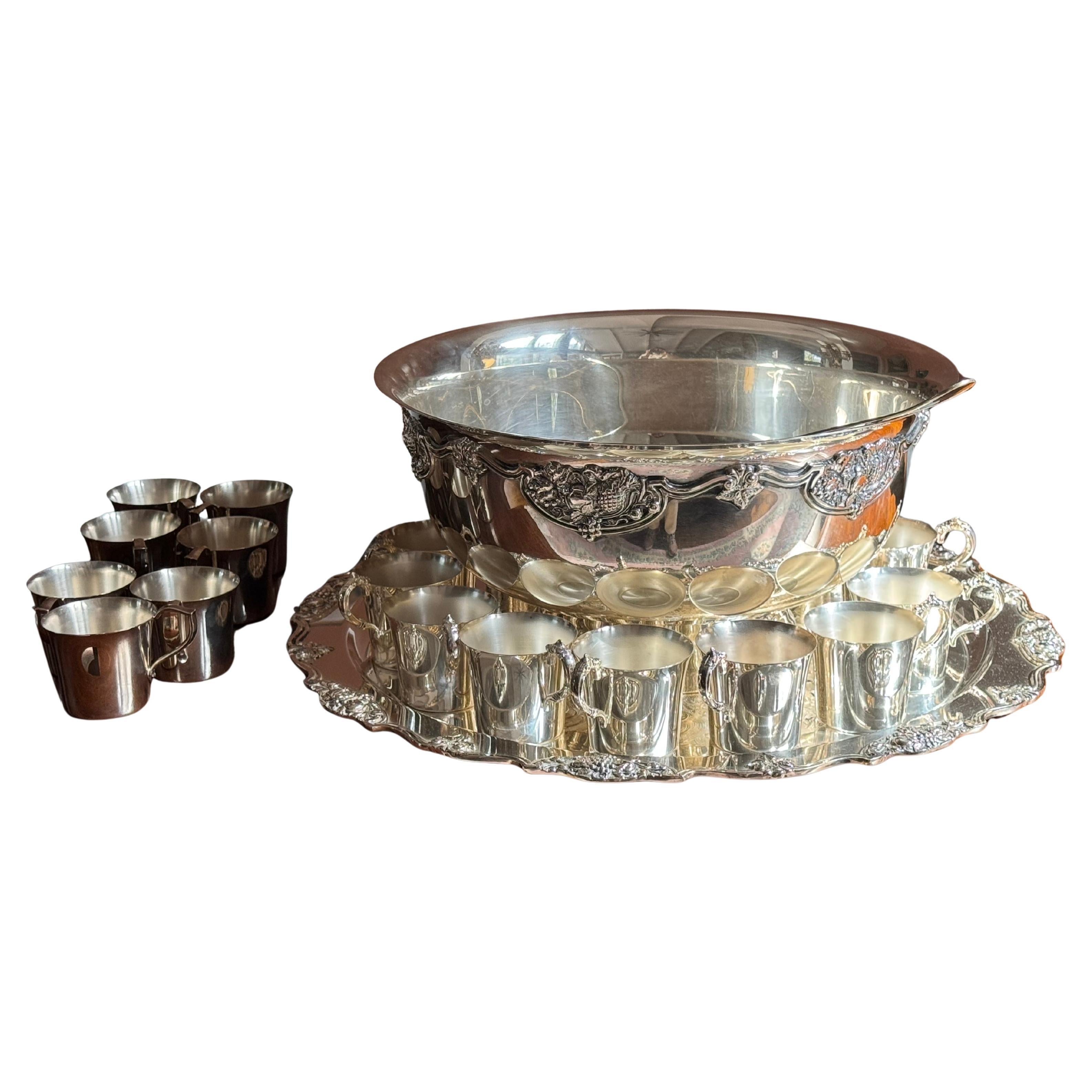 Vintage Wallace bunch silverplated bowl with 19 cups, tray and laddle