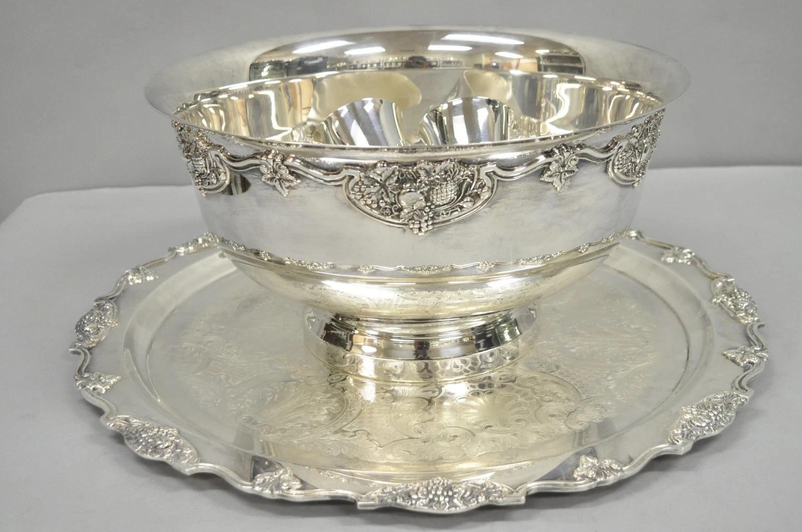 Vintage Wallace Harvest Silver Plated Grapevine Punch Bowl Set w/ 12 Cups and Ornate Round Tray. Circa Mid 20th Century. Measurements: Punch bowl:   8