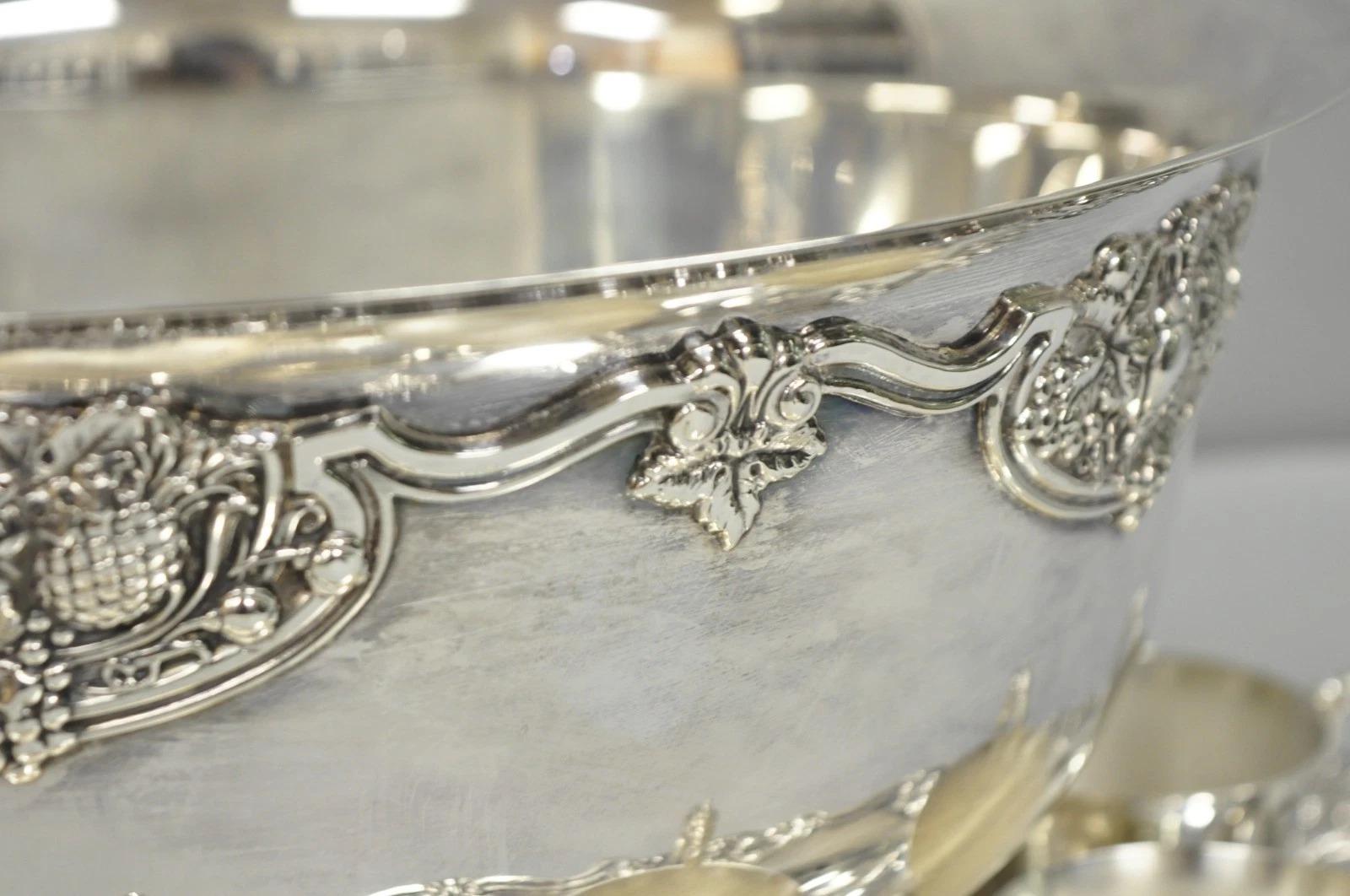 Unknown Vintage Wallace Harvest Silver Plated Grapevine Punch Bowl Set w/ 12 Cups & Tray For Sale