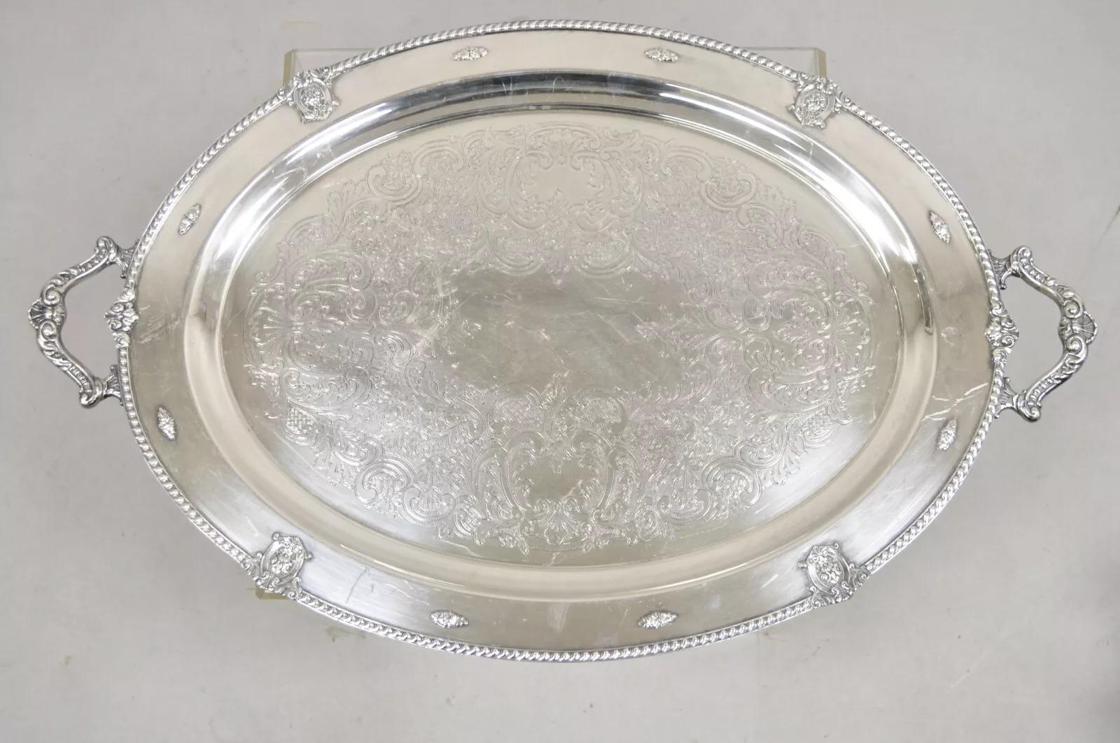 Bandeja ovalada de servir vintage Wallace Rose Point victoriana bañada en plata en venta 4