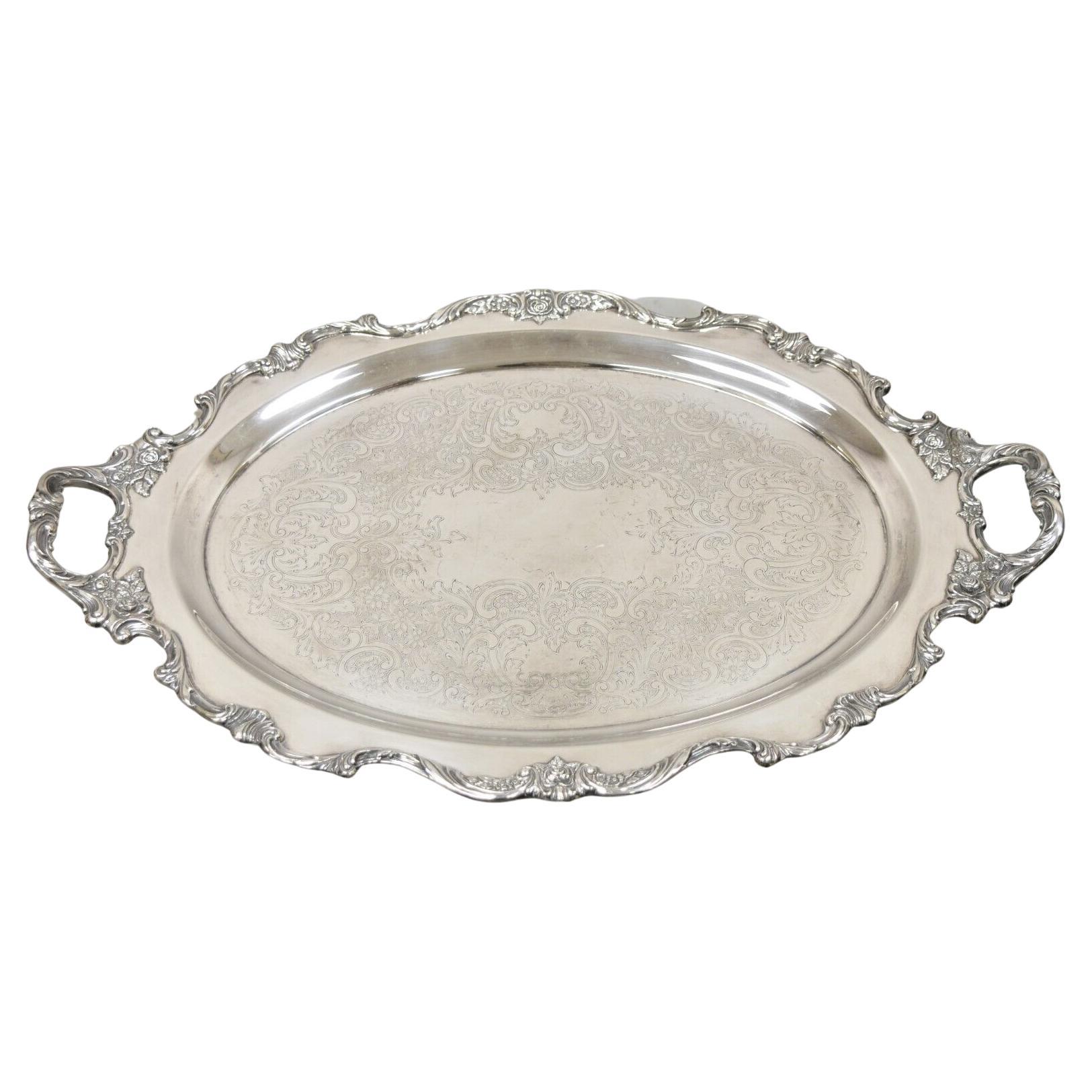 Vintage Wallace Royal Rose 9826 Silver Plated Ornate Oval Serving Platter Tray For Sale