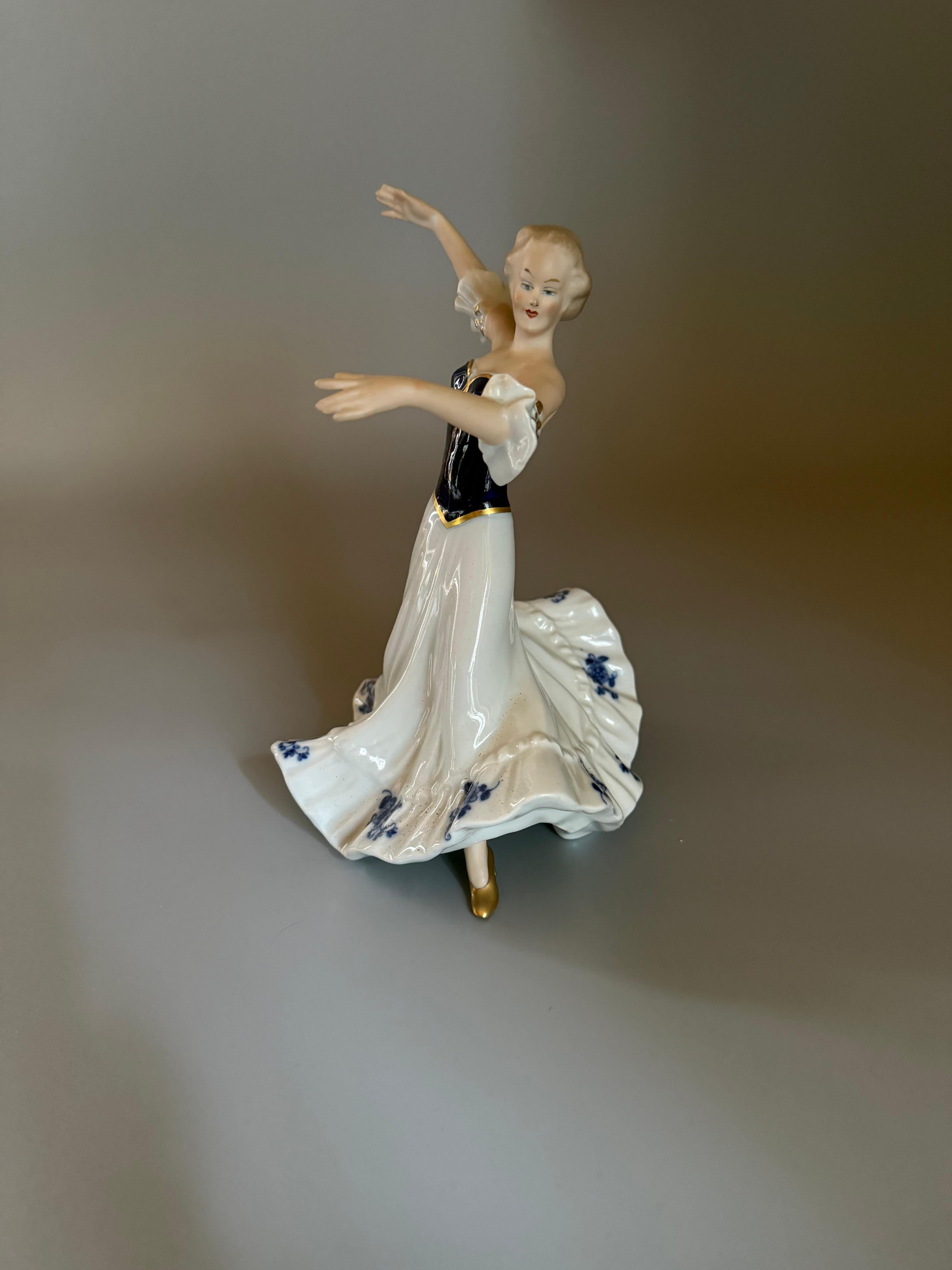 Hand-Painted Porcelain White Cobalt Ballerina Wallendorf Germany 1964-1990 For Sale