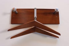 Vintage Walnut and Anodized Aluminum Wall Mounted Coat Rack with Two Hangers