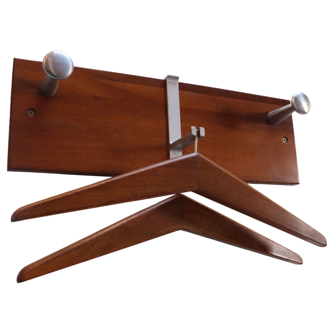Vintage Walnut and Anodized Aluminum Wall Mounted Coat Rack with Two Hangers