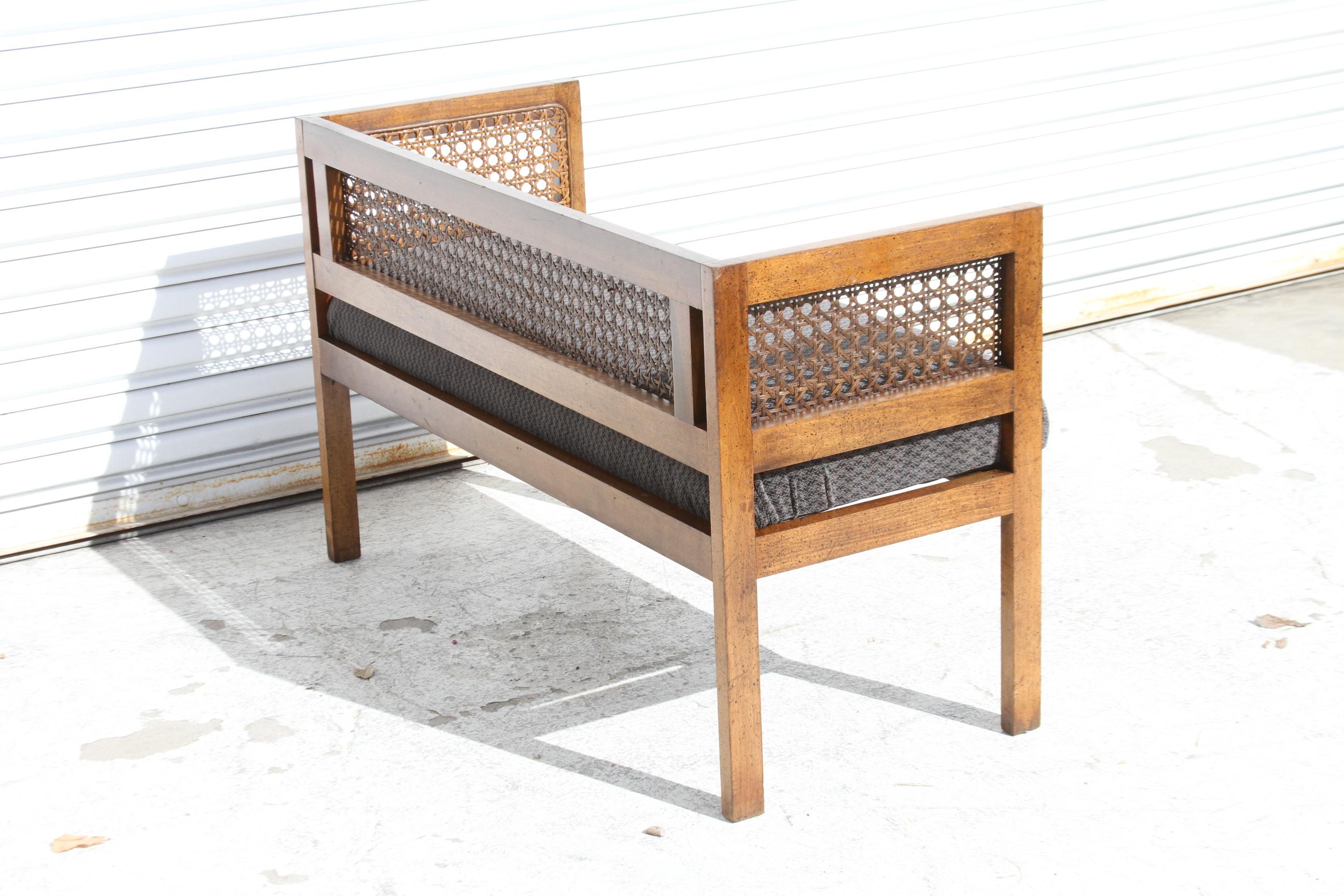Mid-Century Modern Vintage Walnut and Cane Upholstered Settee