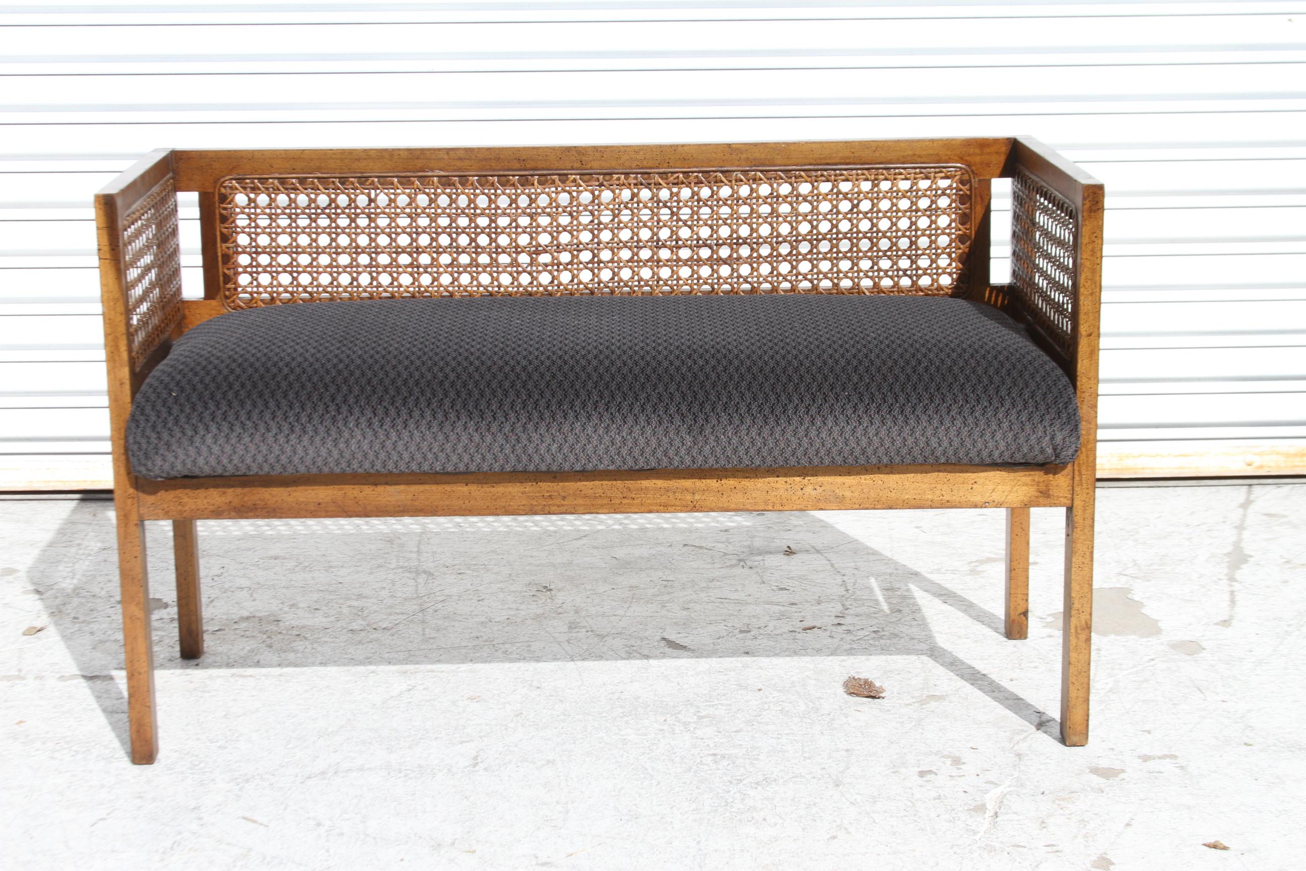 Vintage Walnut and Cane Upholstered Settee In Good Condition In Pasadena, TX