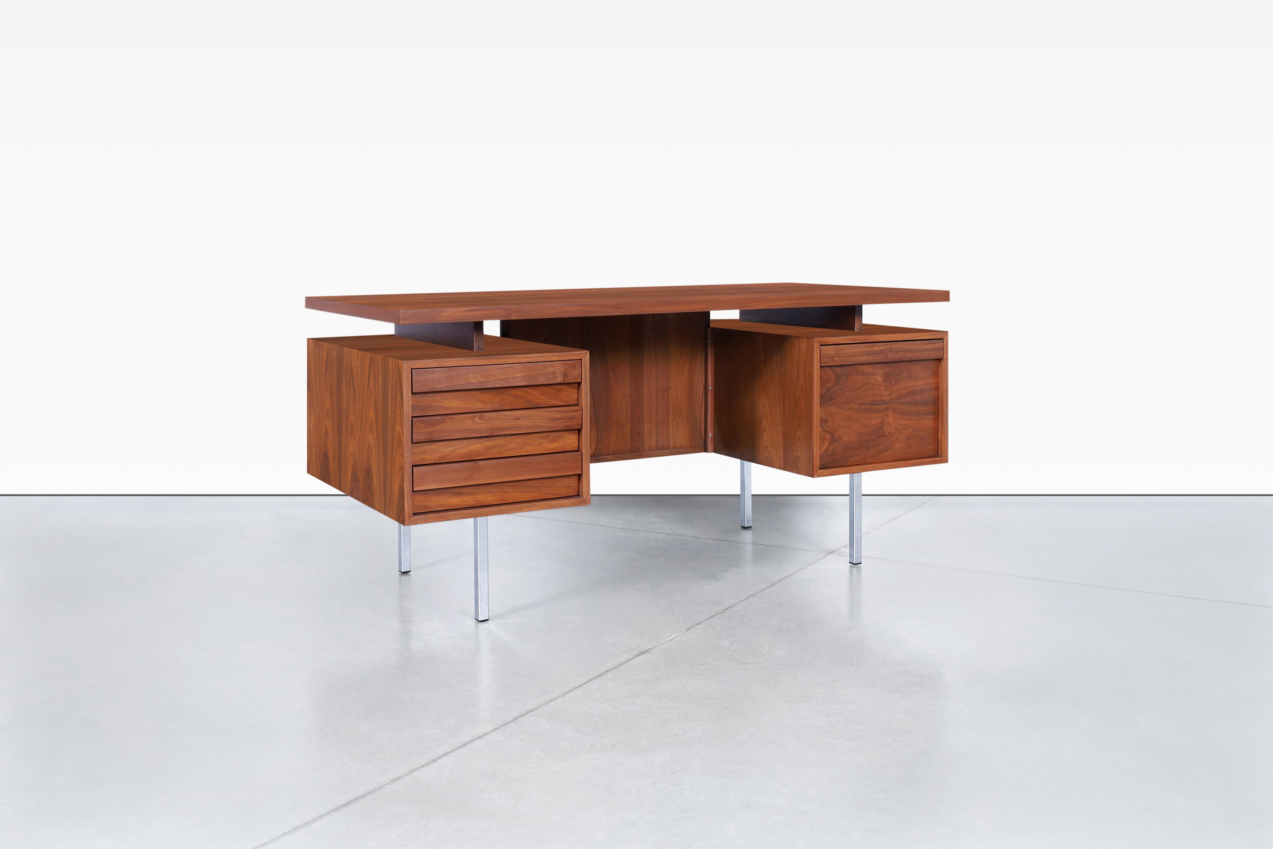 American Vintage Walnut and Chrome Executive Desk by John Keal