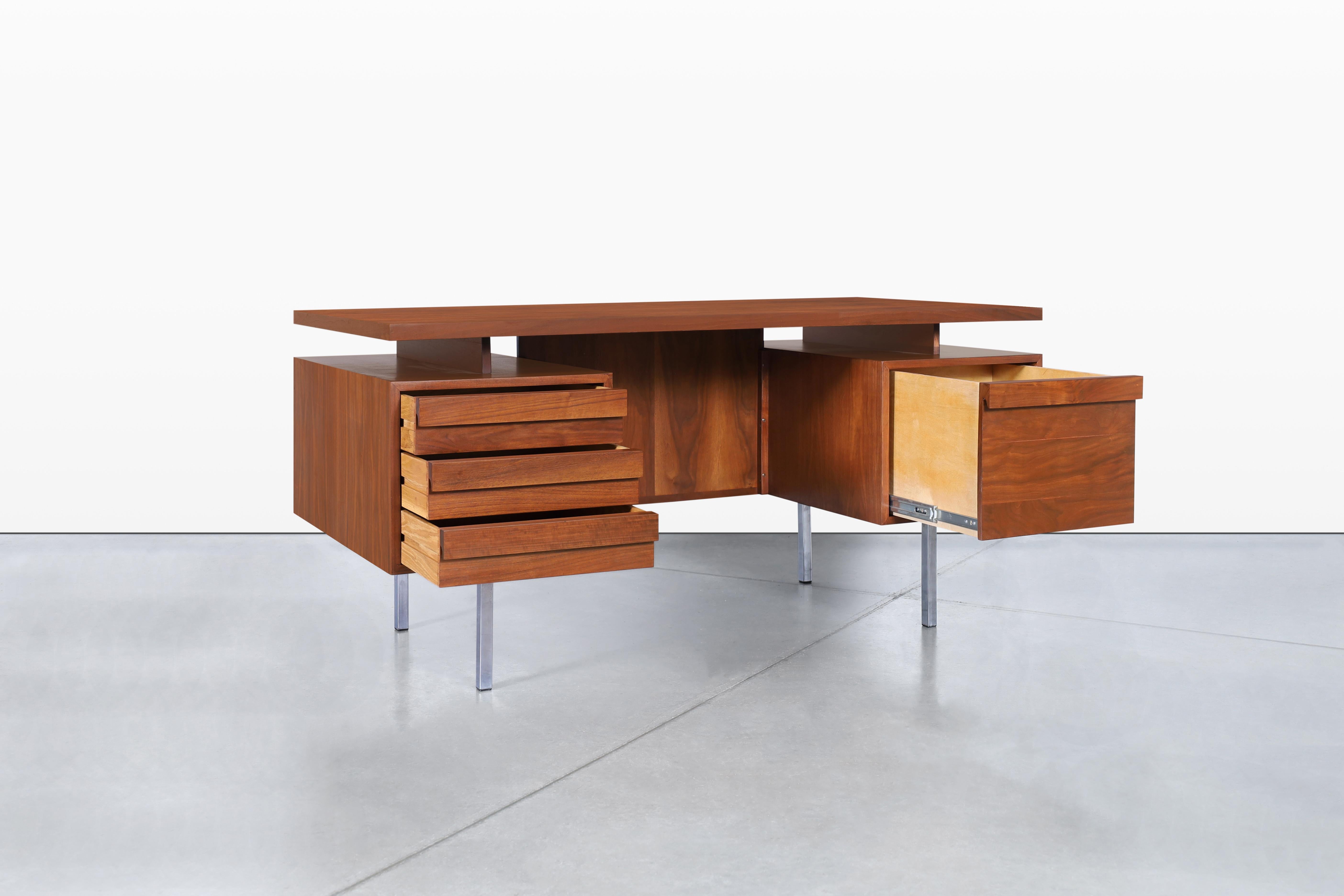 American Vintage Walnut and Chrome Executive Desk by John Keal for Brown Saltman For Sale