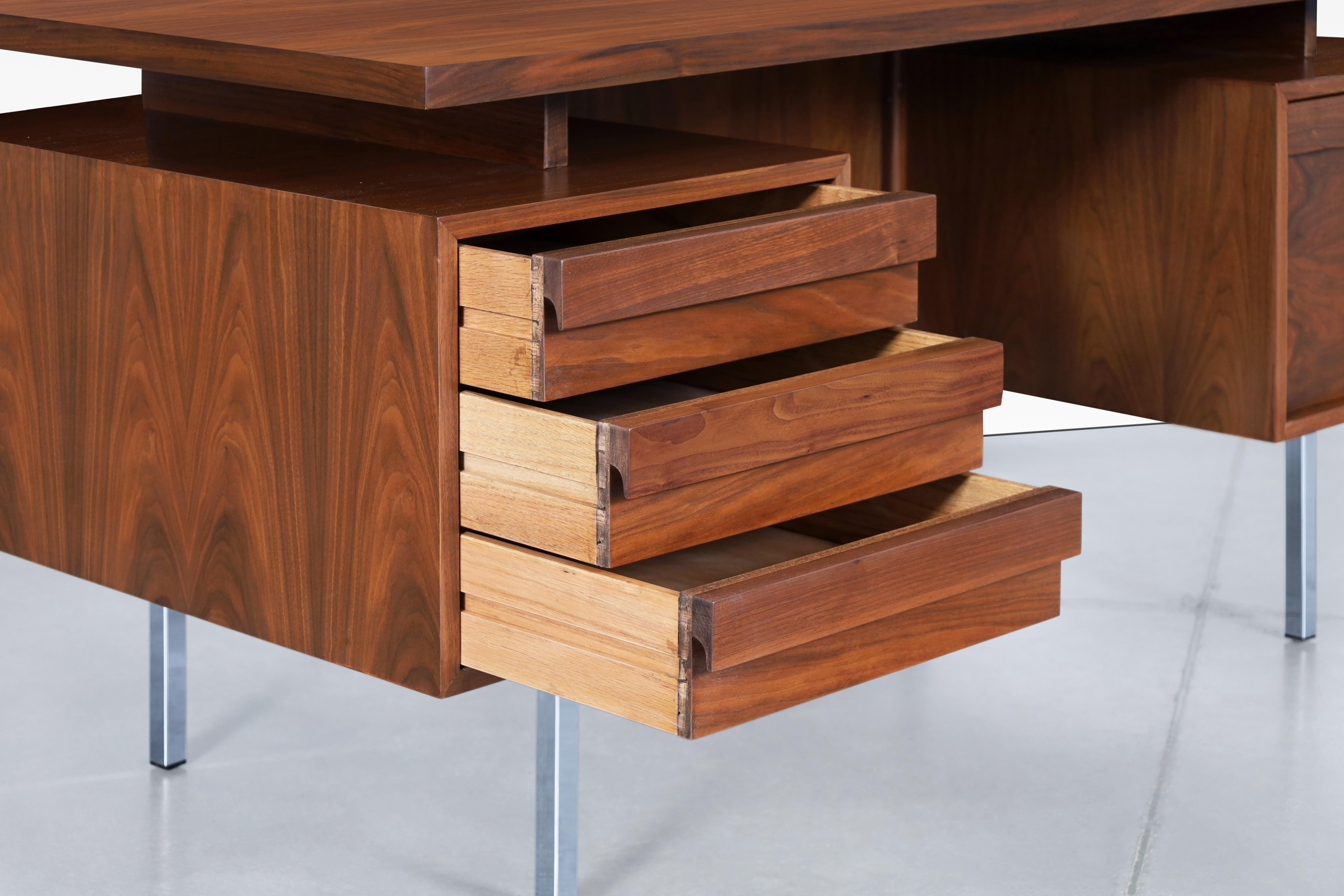 Steel Vintage Walnut and Chrome Executive Desk by John Keal
