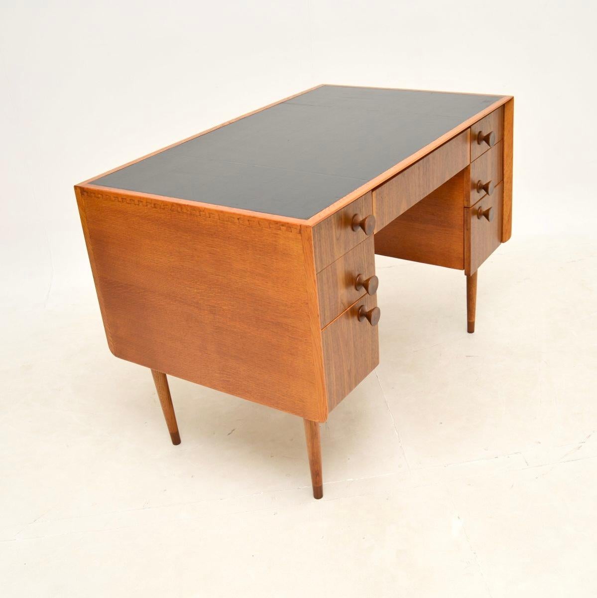 Mid-Century Modern Vintage Walnut and Oak Leather Top Desk For Sale