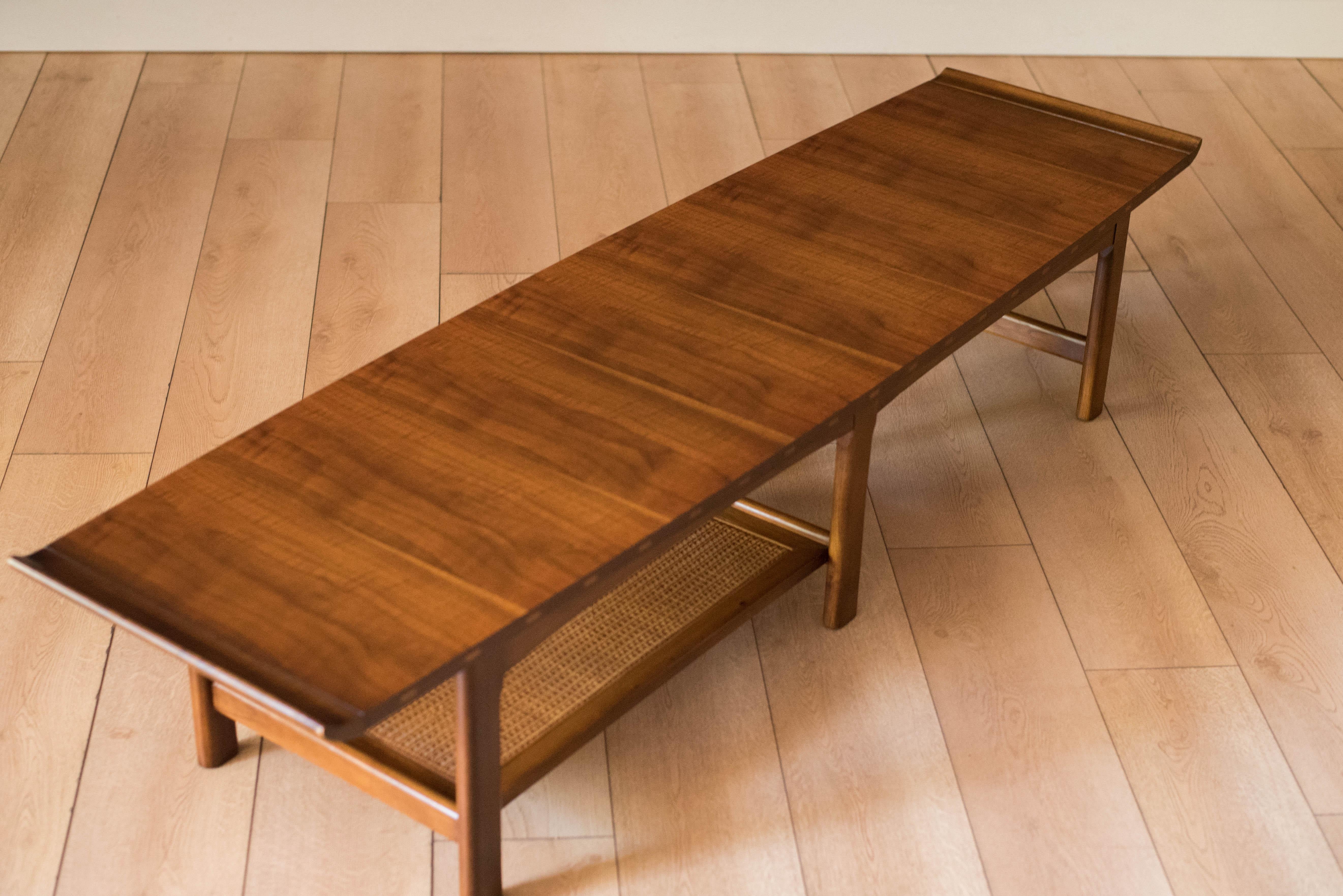 Cane Vintage Walnut and Oak Surfboard Coffee Table Bench by Lane Furniture Co.