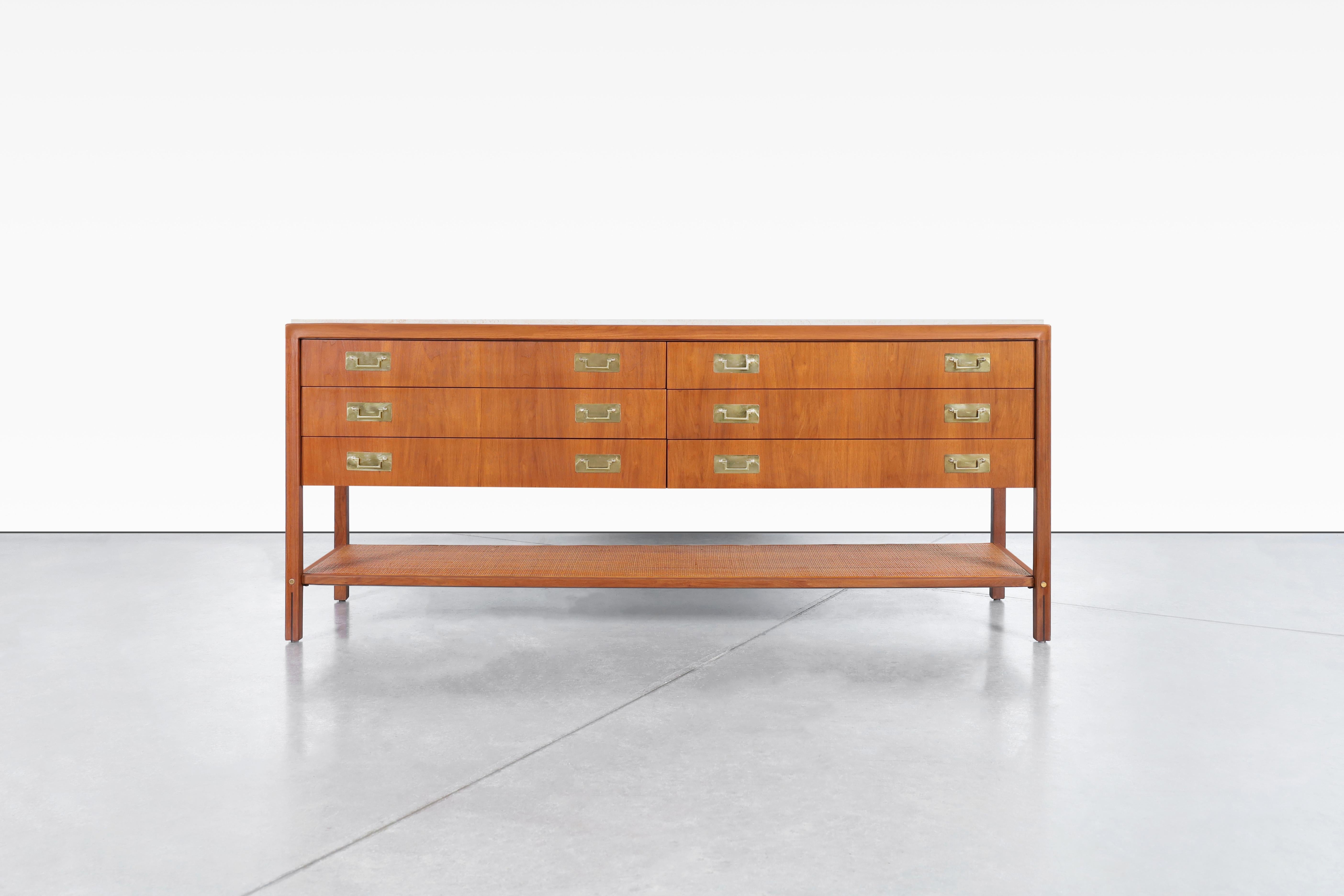 Brass Vintage Walnut and Travertine Sideboard by Gerry Zanck for Gregori Furniture For Sale